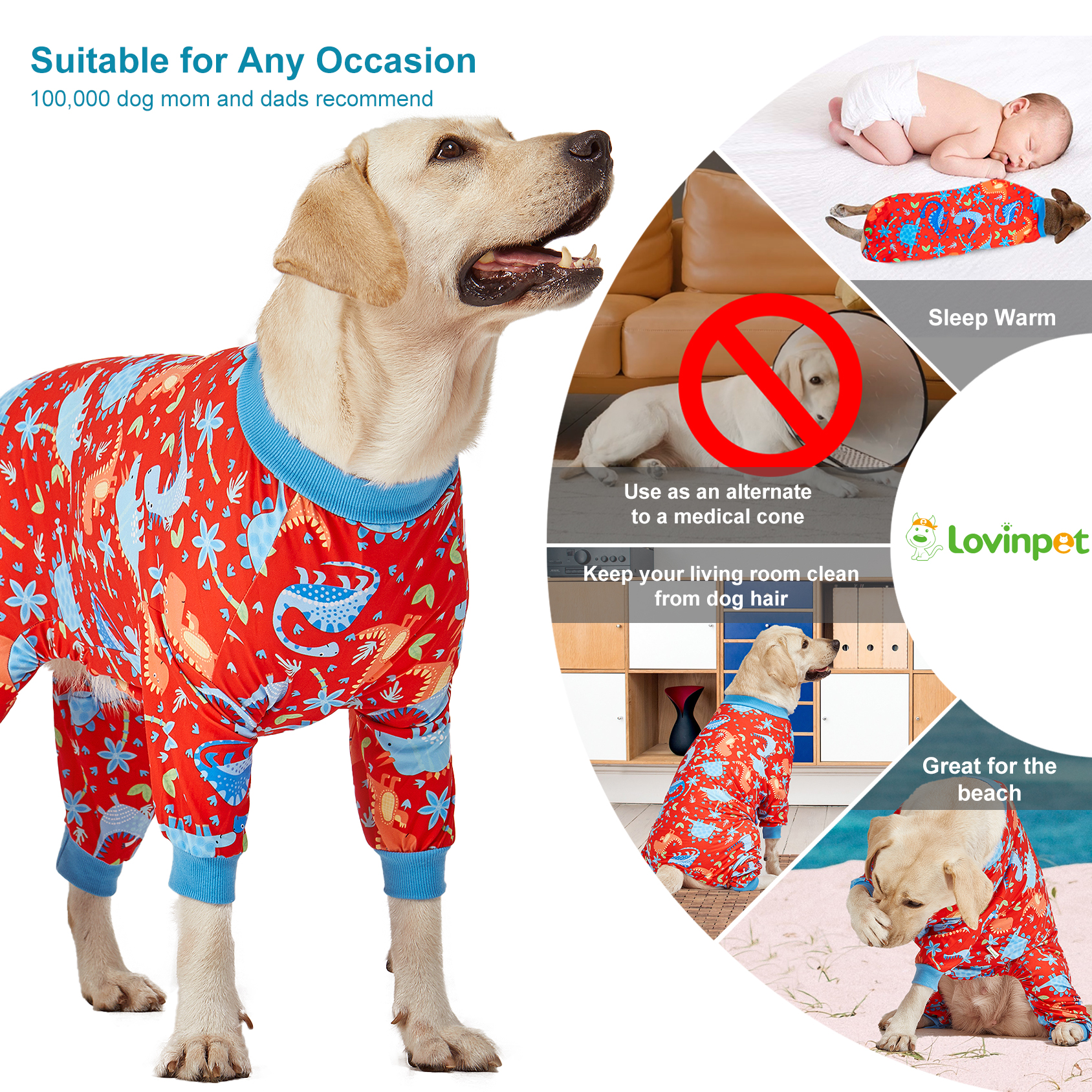 LovinPet Large Dog Pajama - Dinosaur Adventure Design Full-Body Pajamas with Red Accents