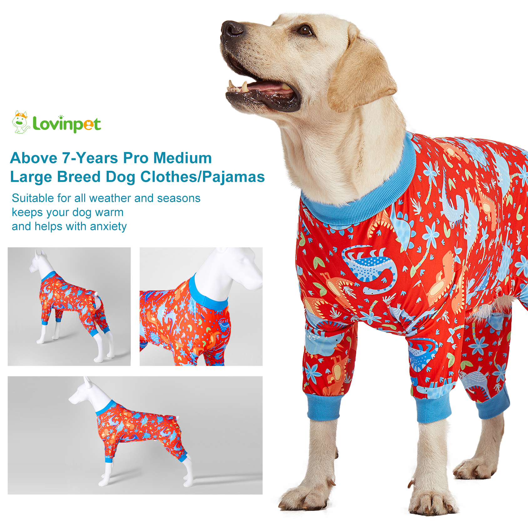 LovinPet Large Dog Pajama - Dinosaur Adventure Design Full-Body Pajamas with Red Accents