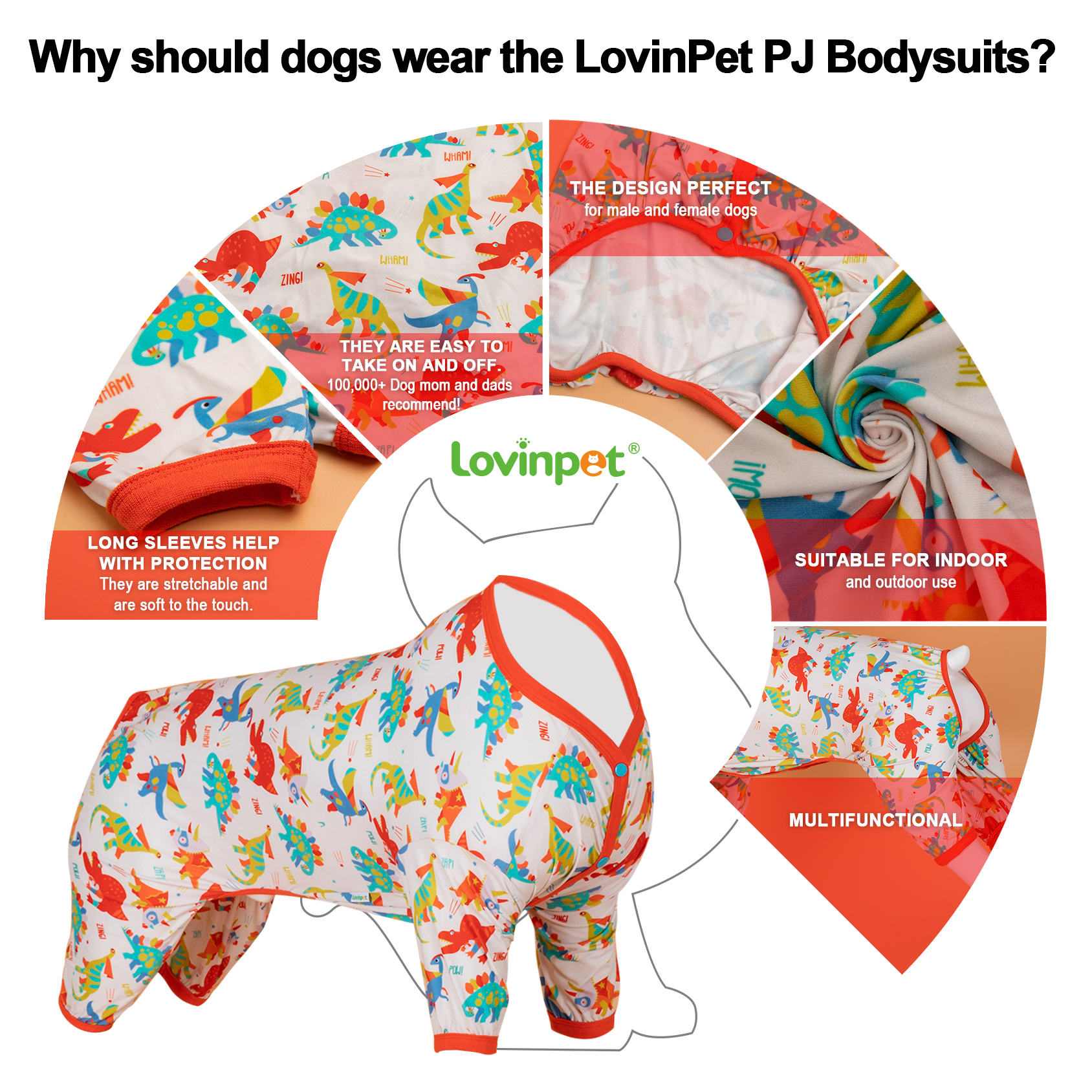LovinPet Large Dog Pajamas Onesie - Playful Cartoon Dinosaur Design for Big Breeds