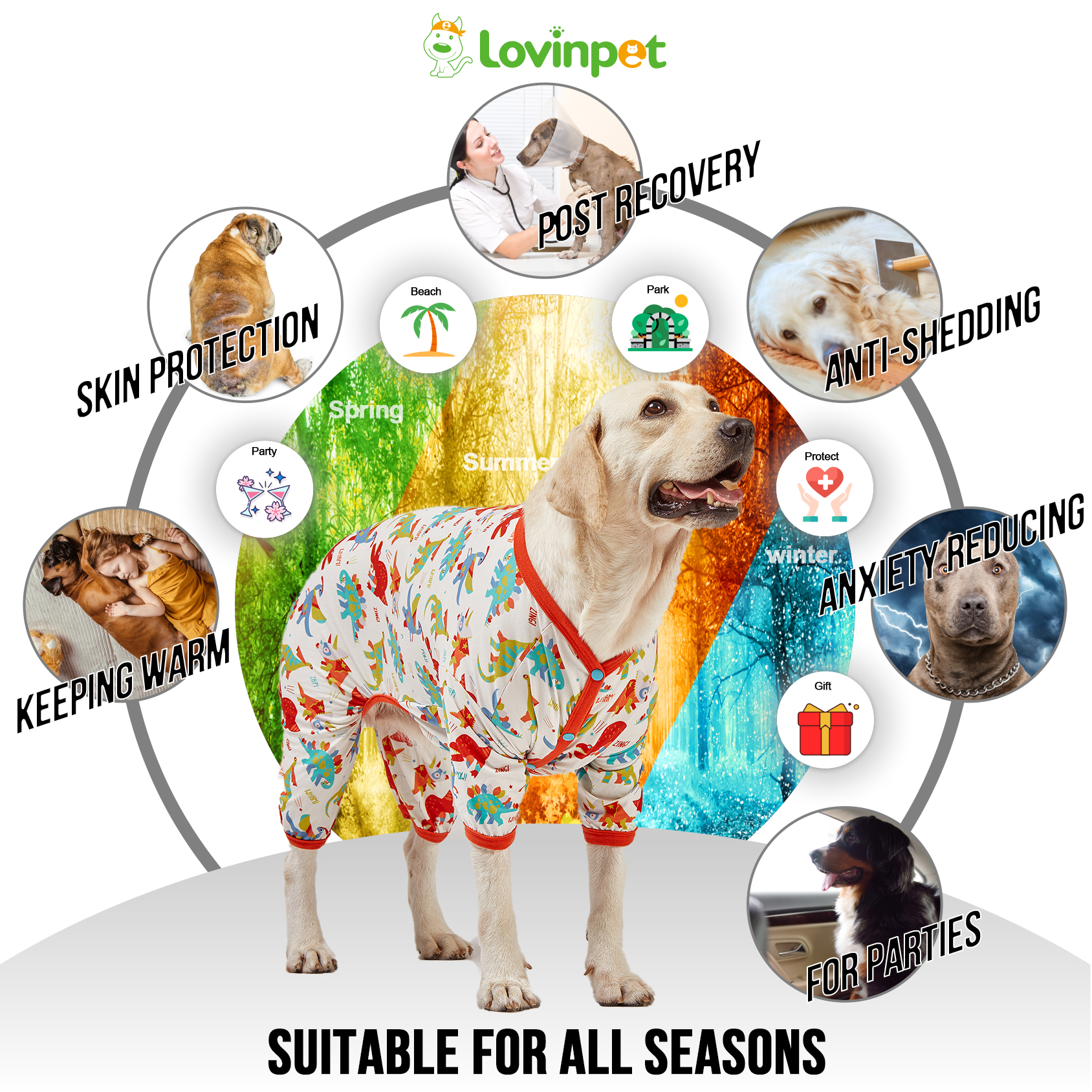 LovinPet Large Dog Pajamas Onesie - Playful Cartoon Dinosaur Design for Big Breeds