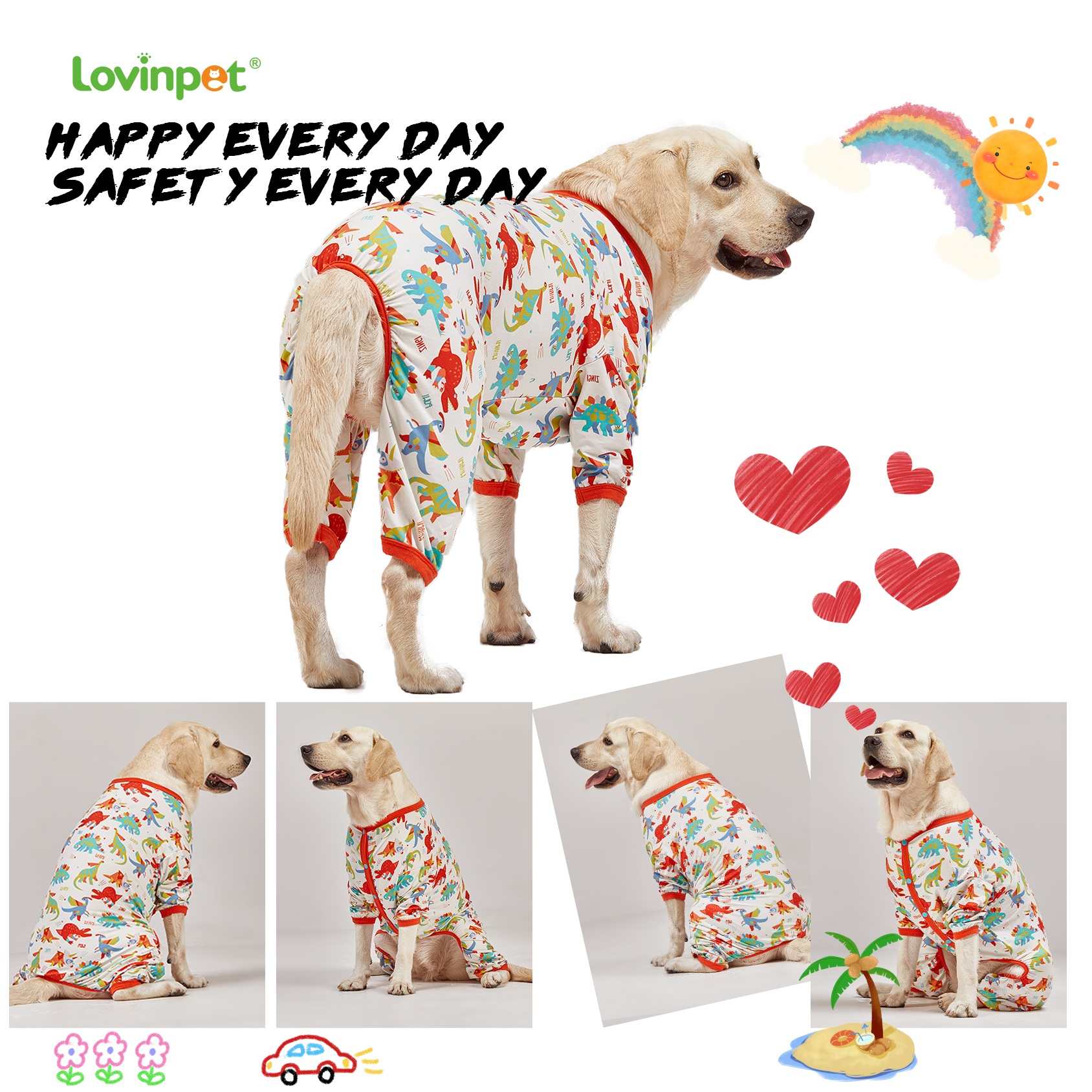 LovinPet Large Dog Pajamas Onesie - Playful Cartoon Dinosaur Design for Big Breeds
