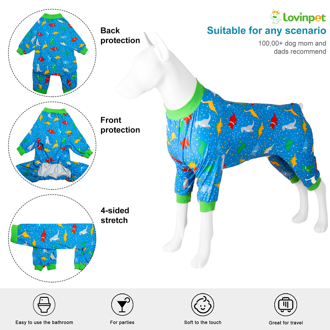 LovinPet Large Dog Pajama - Fun Dinosaur Blue & Green Full-Body Pajamas