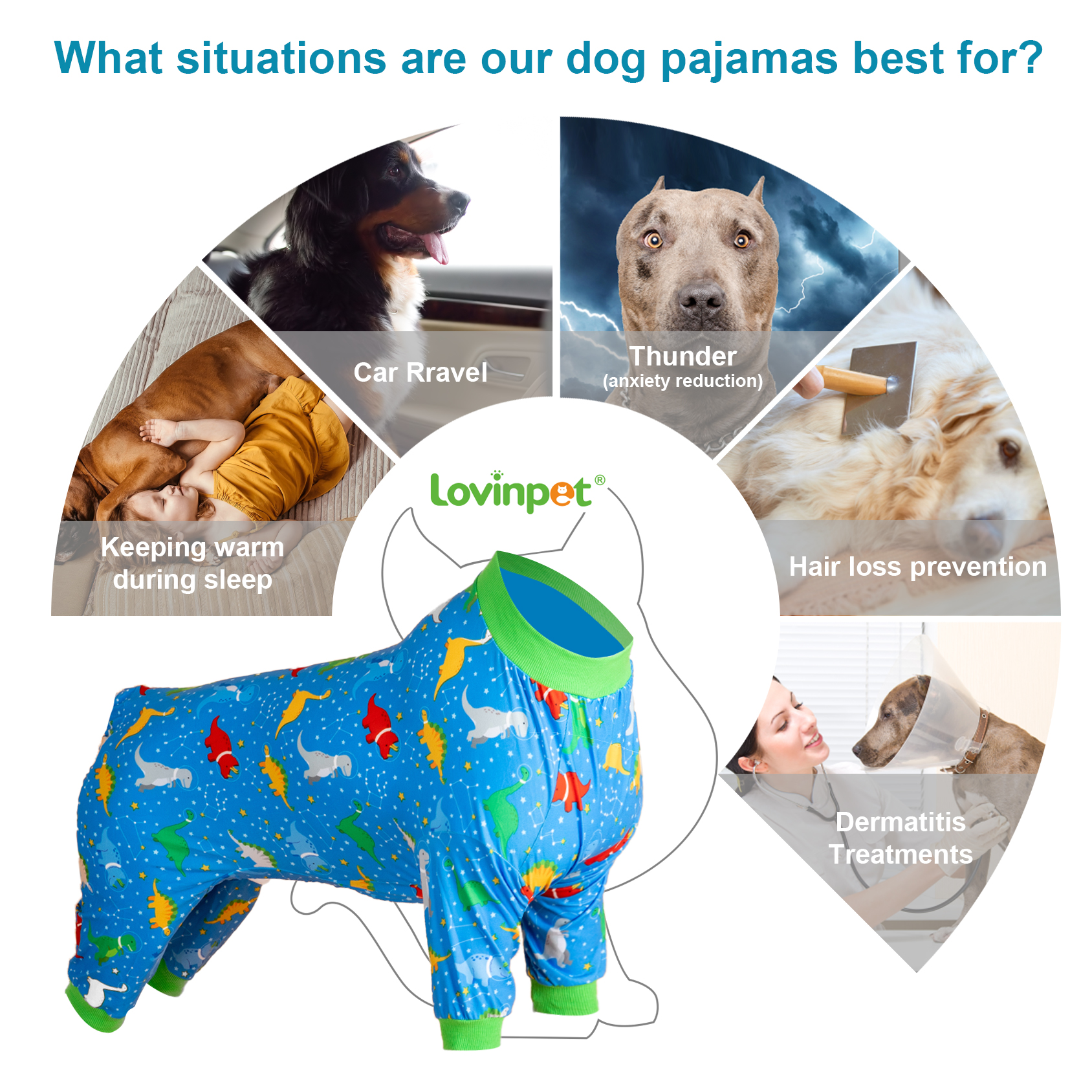 LovinPet Large Dog Pajama - Fun Dinosaur Blue & Green Full-Body Pajamas