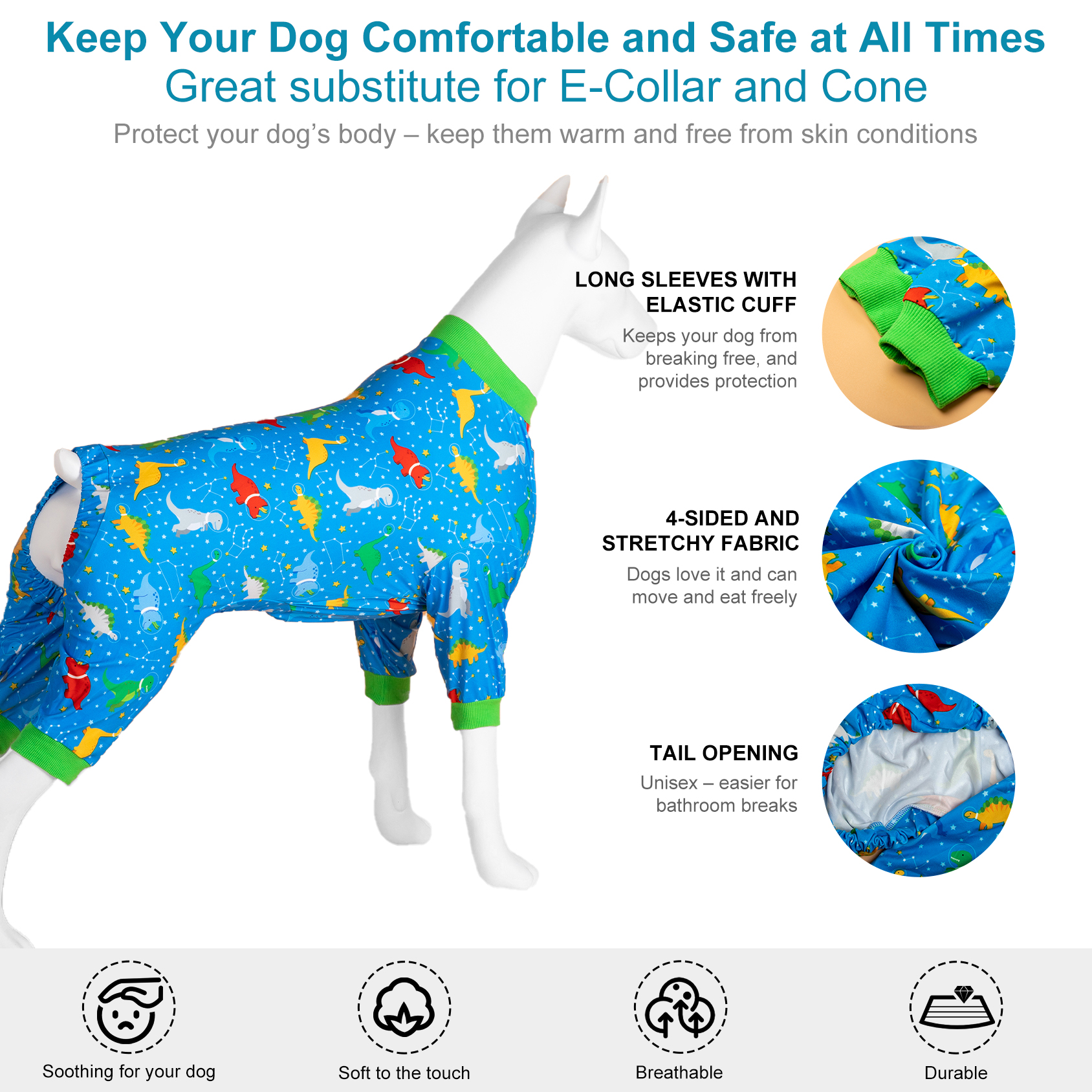 LovinPet Large Dog Pajama - Fun Dinosaur Blue & Green Full-Body Pajamas