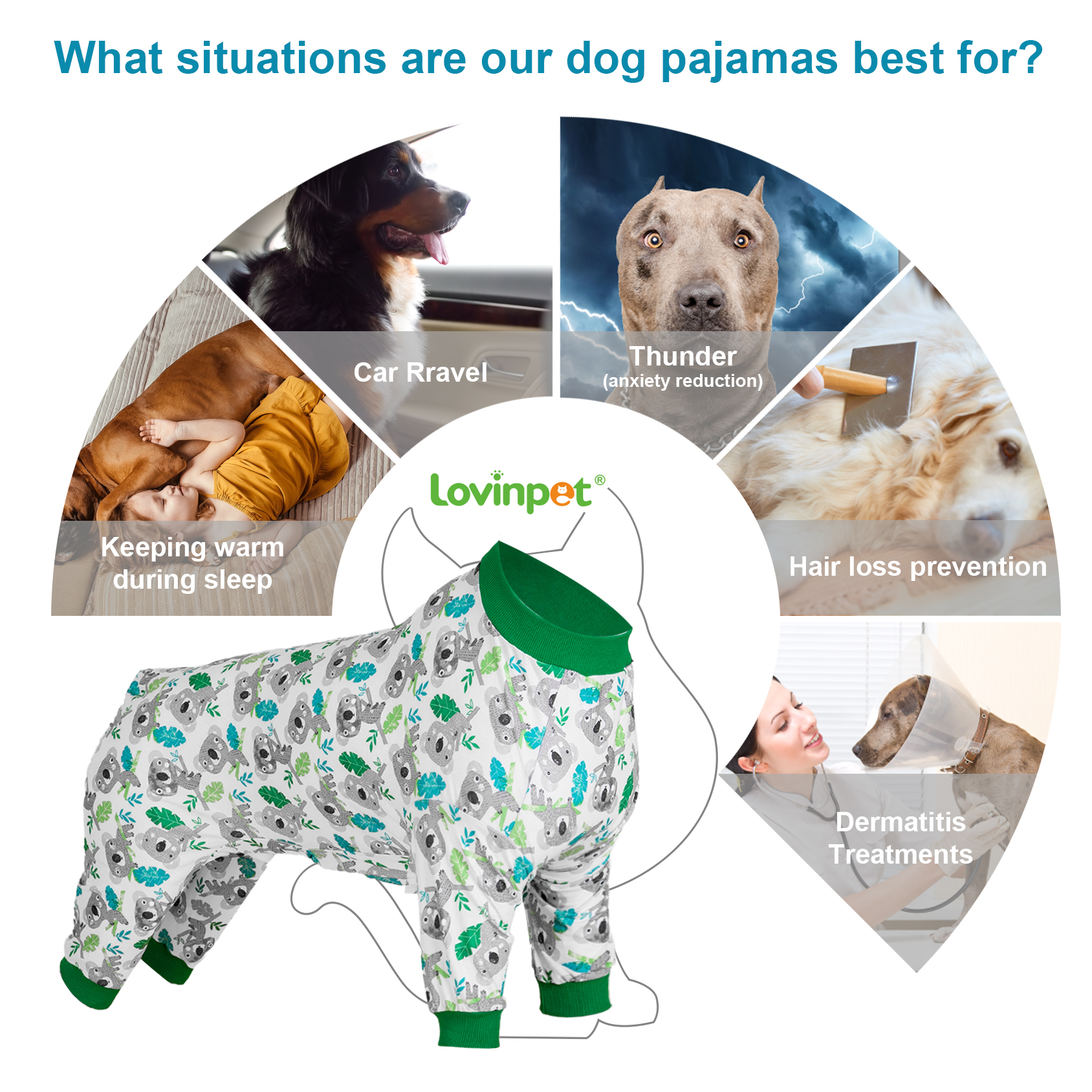 LovinPet Large Dog Pajama - Cute Koala Print Pajamas with Green Accents