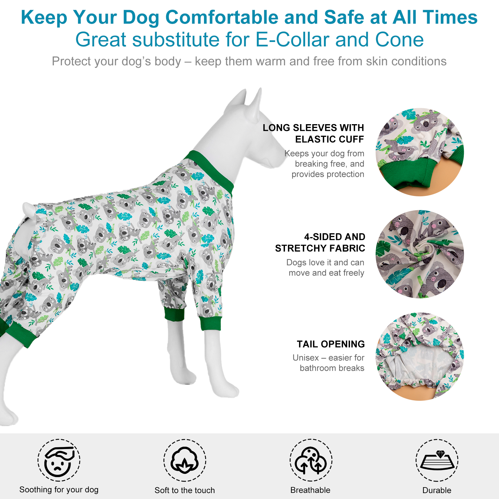 LovinPet Large Dog Pajama - Cute Koala Print Pajamas with Green Accents