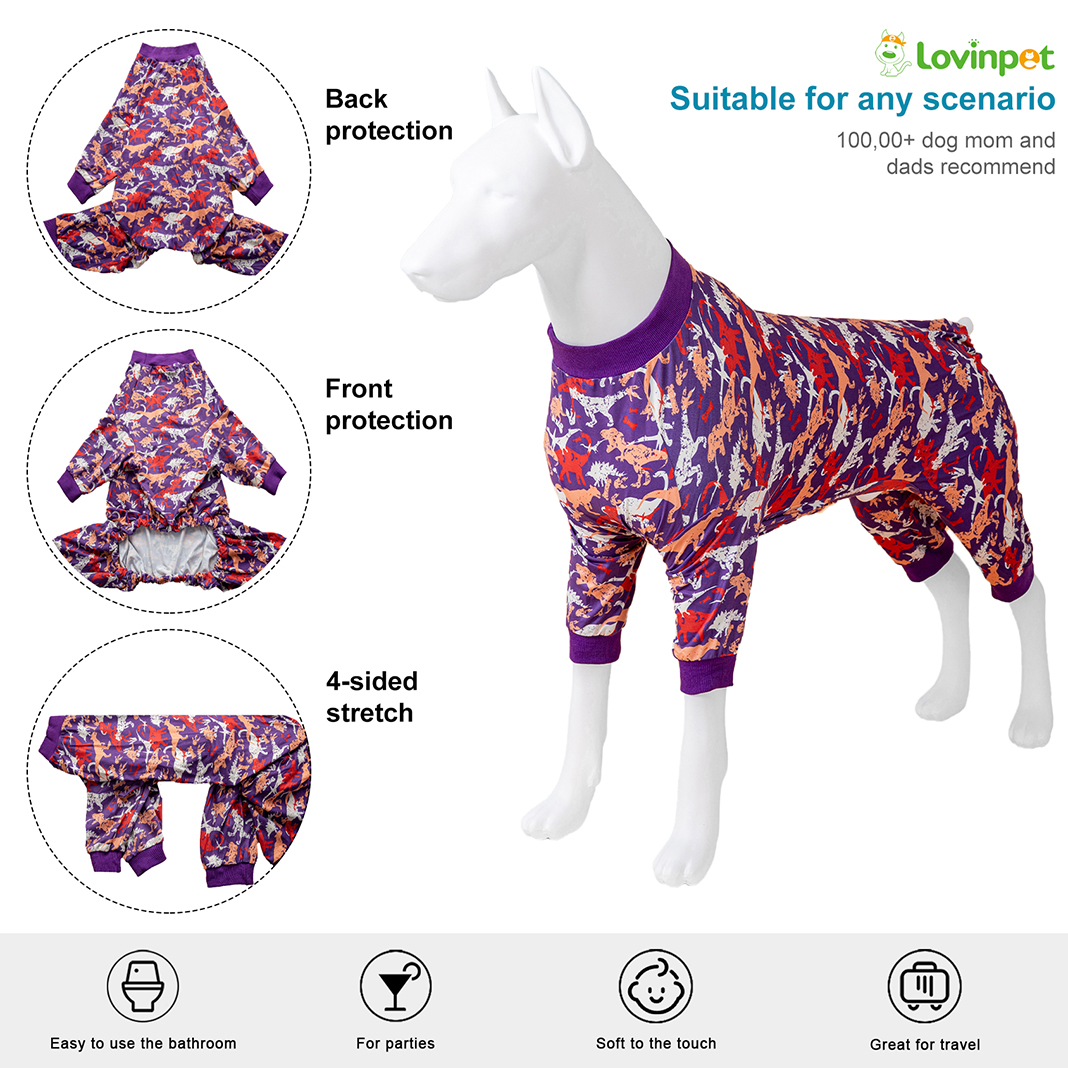 LovinPet Large Dog Pajama - Dinosaur Adventure Purple Pajamas for Big Dogs