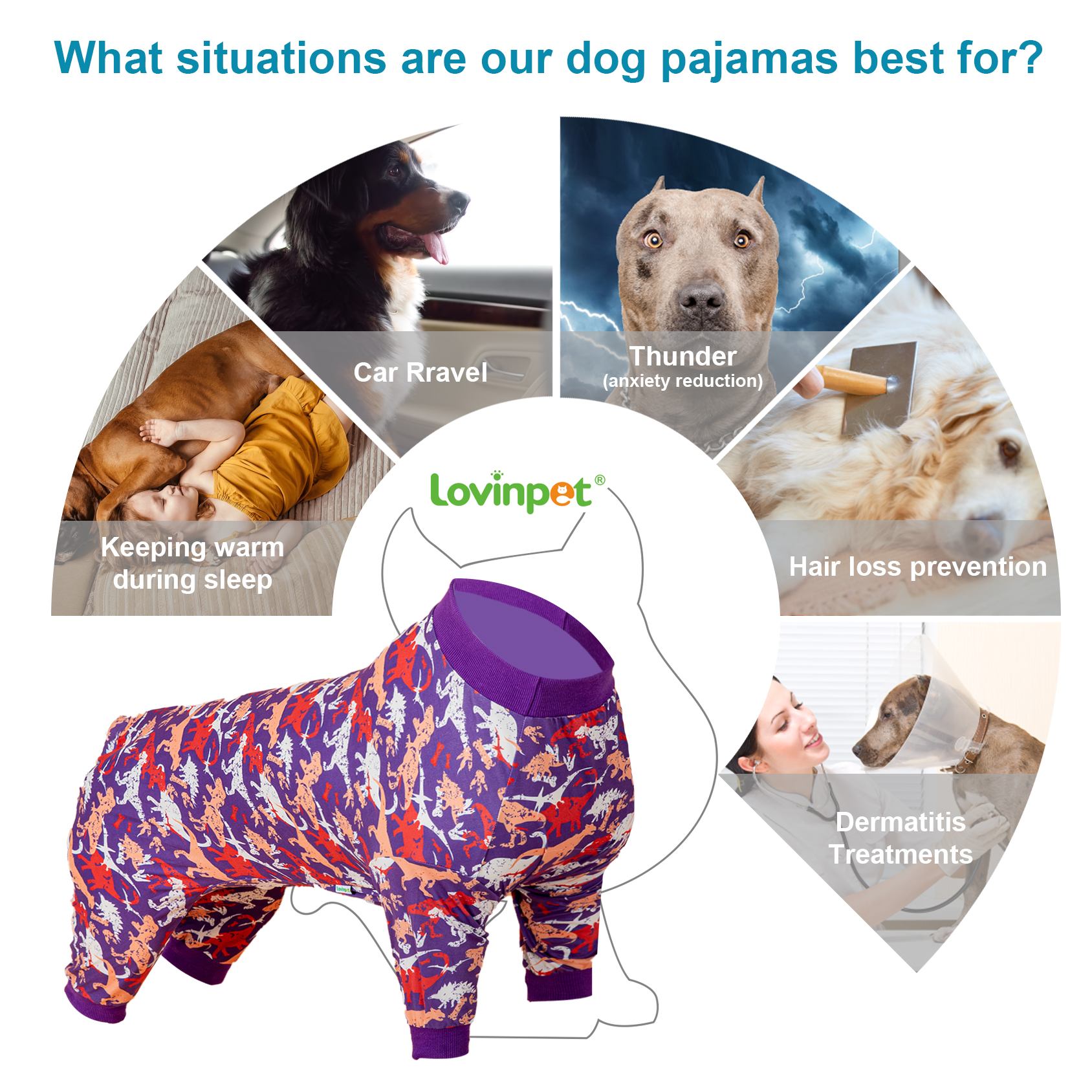 LovinPet Large Dog Pajama - Dinosaur Adventure Purple Pajamas for Big Dogs