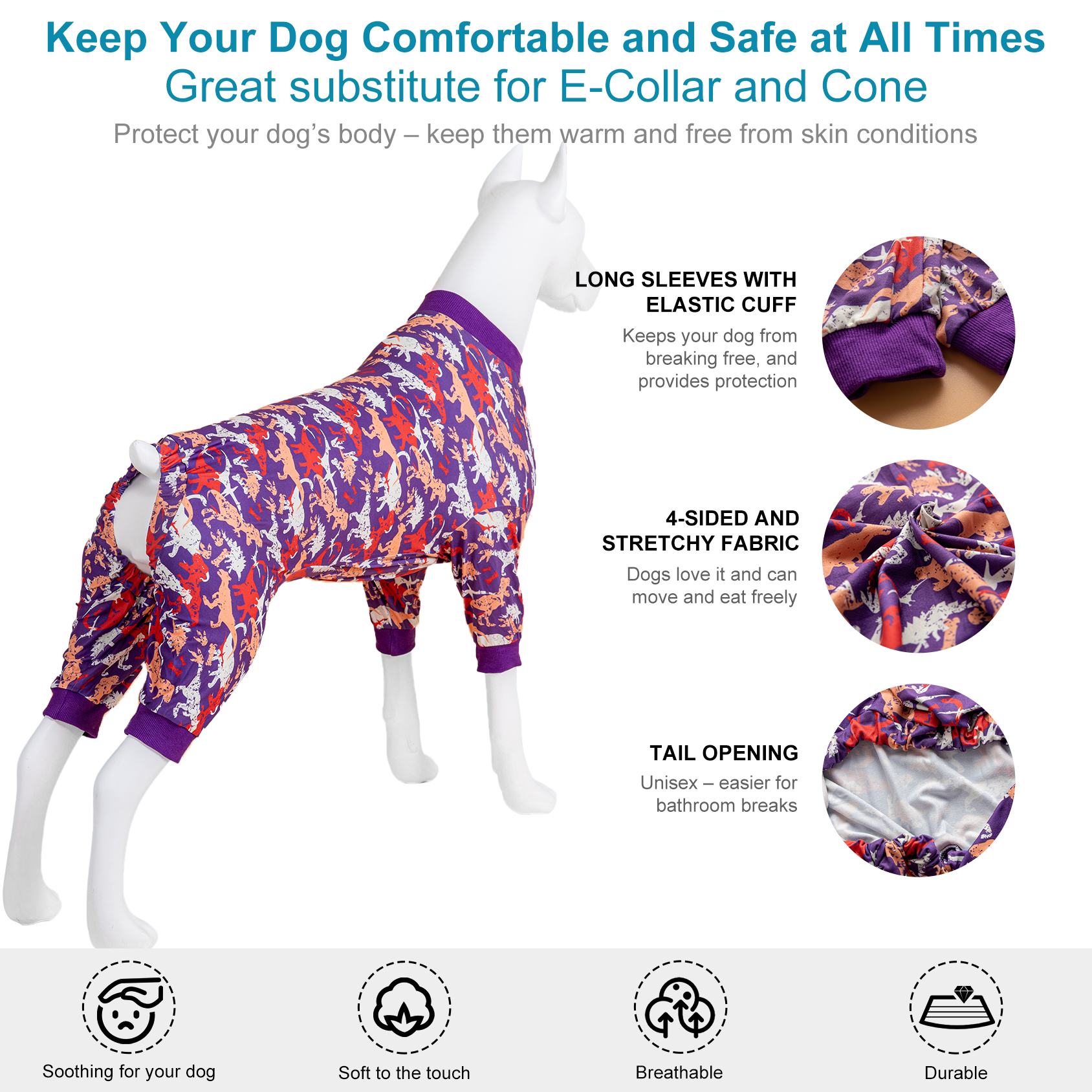 LovinPet Large Dog Pajama - Dinosaur Adventure Purple Pajamas for Big Dogs