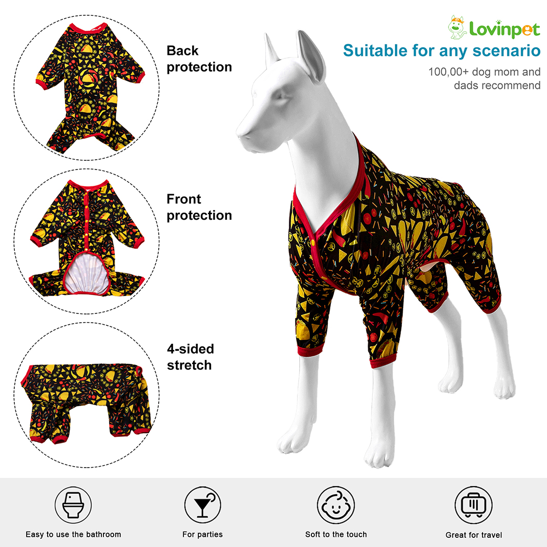 LovinPet Large Dog Pajamas Onesie - Vibrant Mexican Food Design with Red Trim