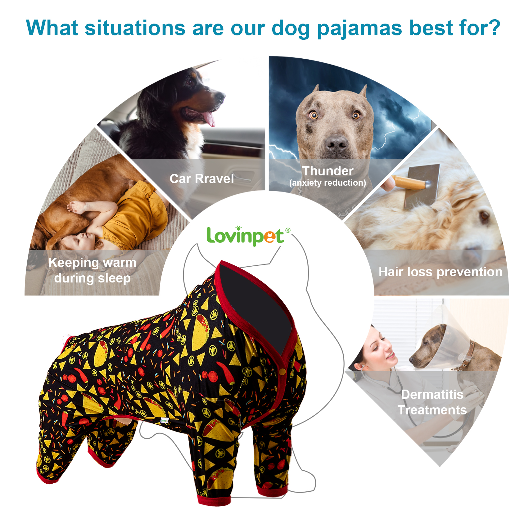 LovinPet Large Dog Pajamas Onesie - Vibrant Mexican Food Design with Red Trim