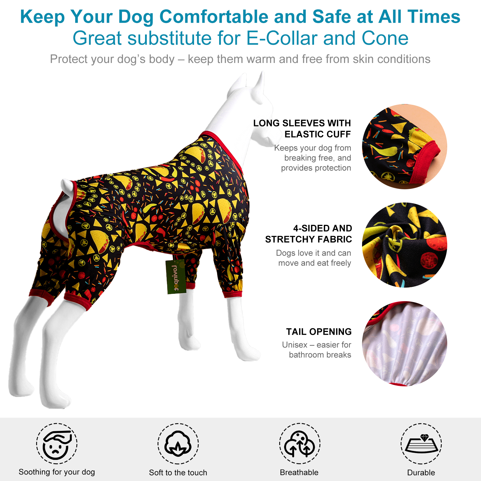 LovinPet Large Dog Pajamas Onesie - Vibrant Mexican Food Design with Red Trim