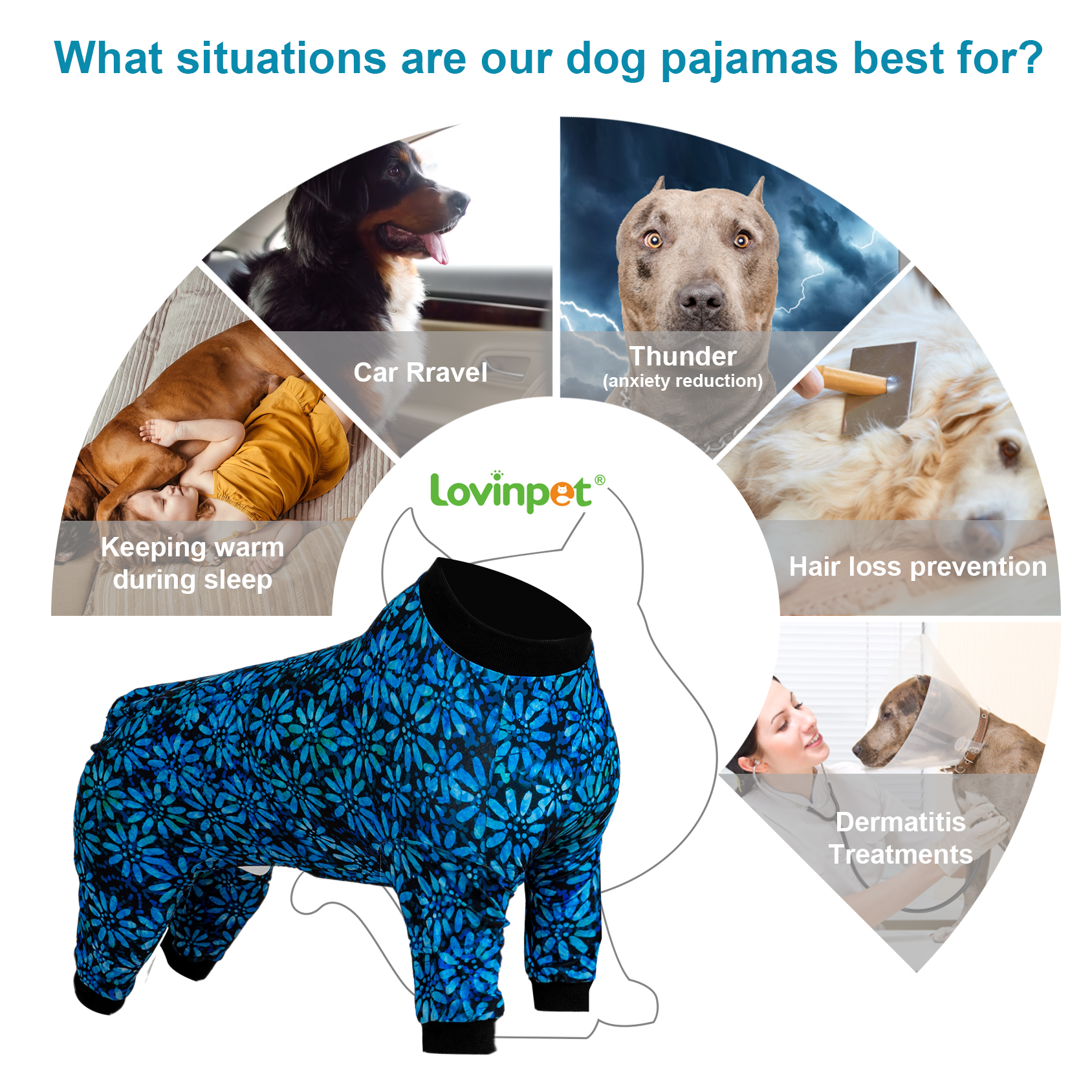 LovinPet Large Dog Pajama - Elegant Blue Floral Pattern
