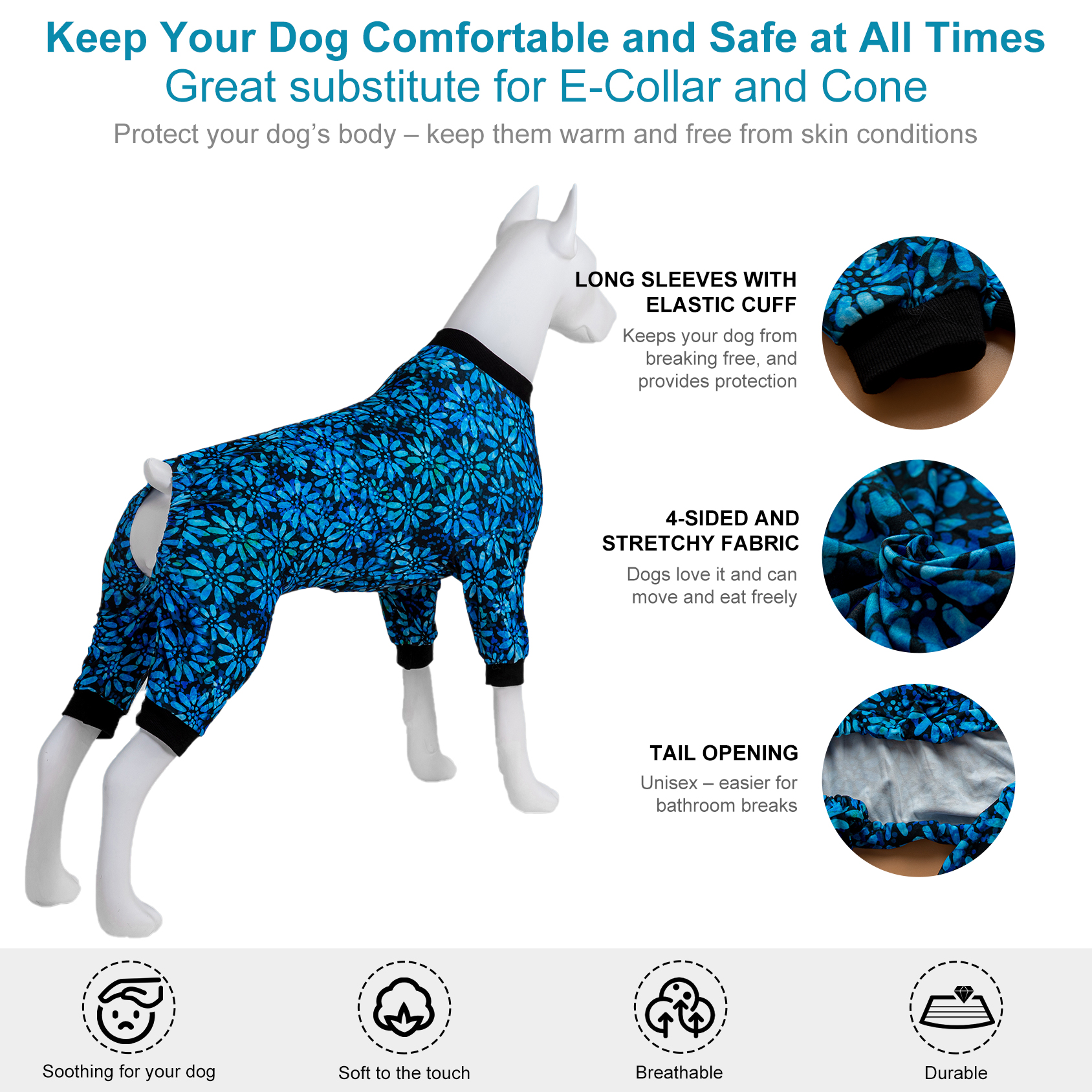 LovinPet Large Dog Pajama - Elegant Blue Floral Pattern