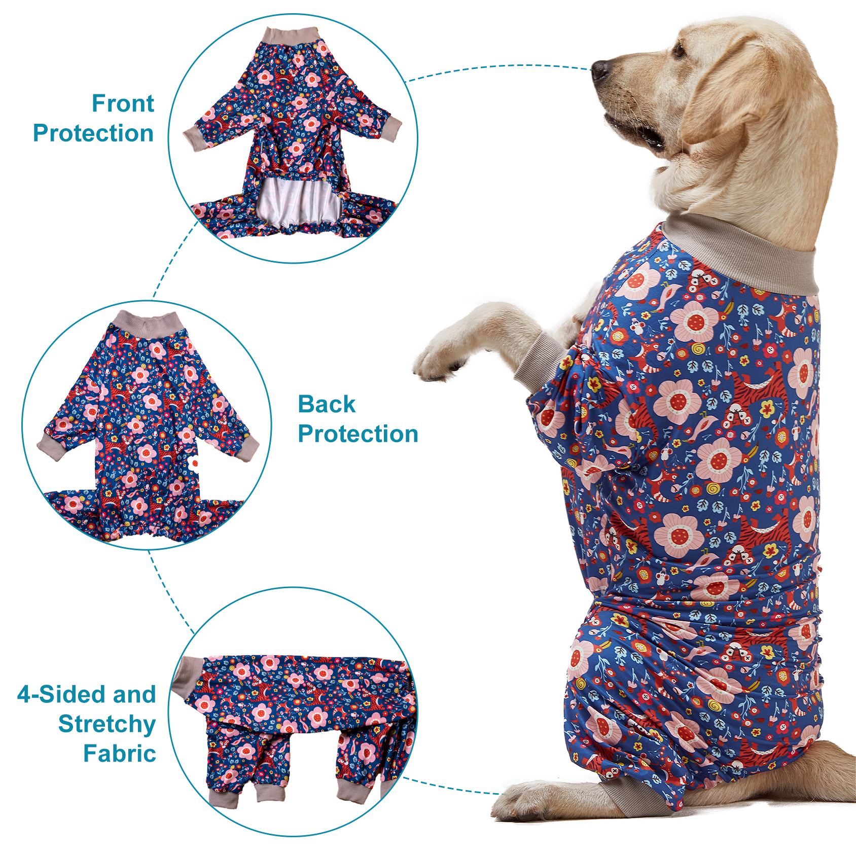 LovinPet Large Dog Pajamas Onesie - Blue Floral and Red Tiger Design for Big Breeds
