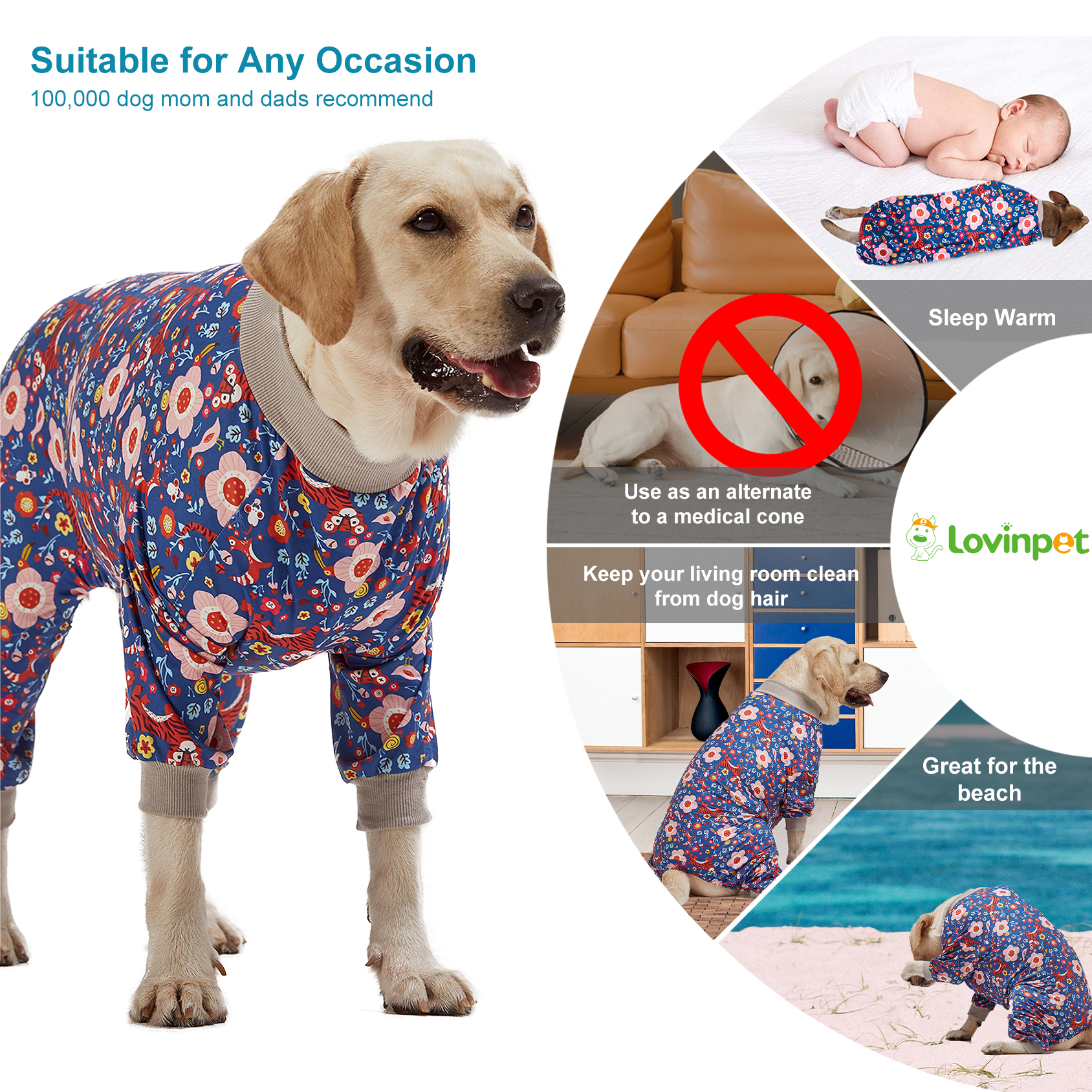 LovinPet Large Dog Pajamas Onesie - Blue Floral and Red Tiger Design for Big Breeds