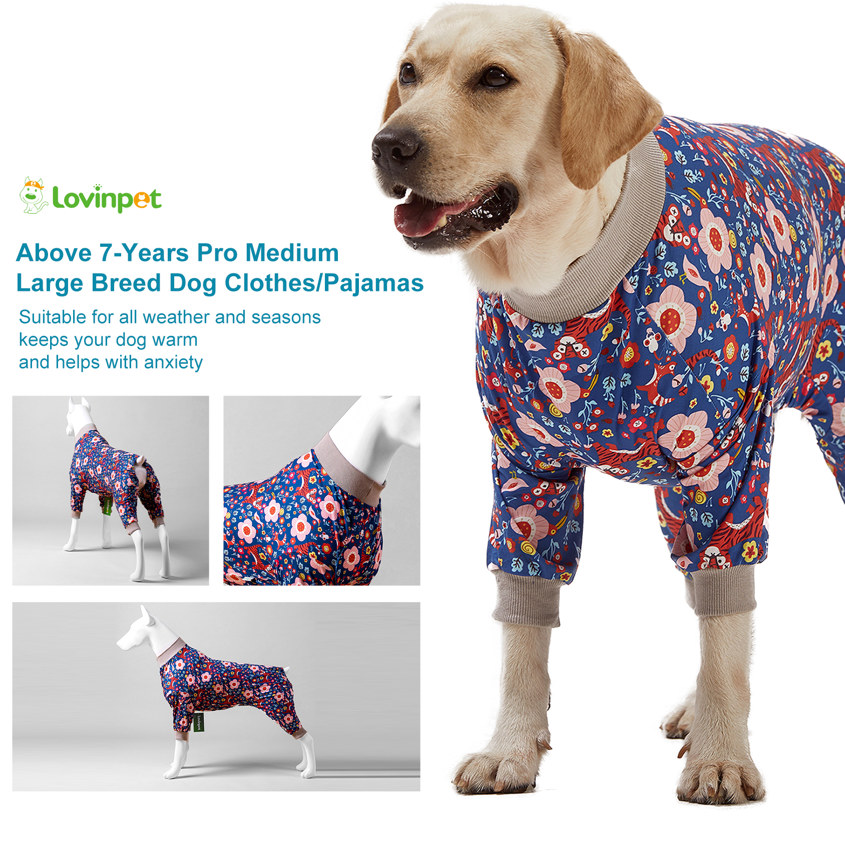 LovinPet Large Dog Pajamas Onesie - Blue Floral and Red Tiger Design for Big Breeds
