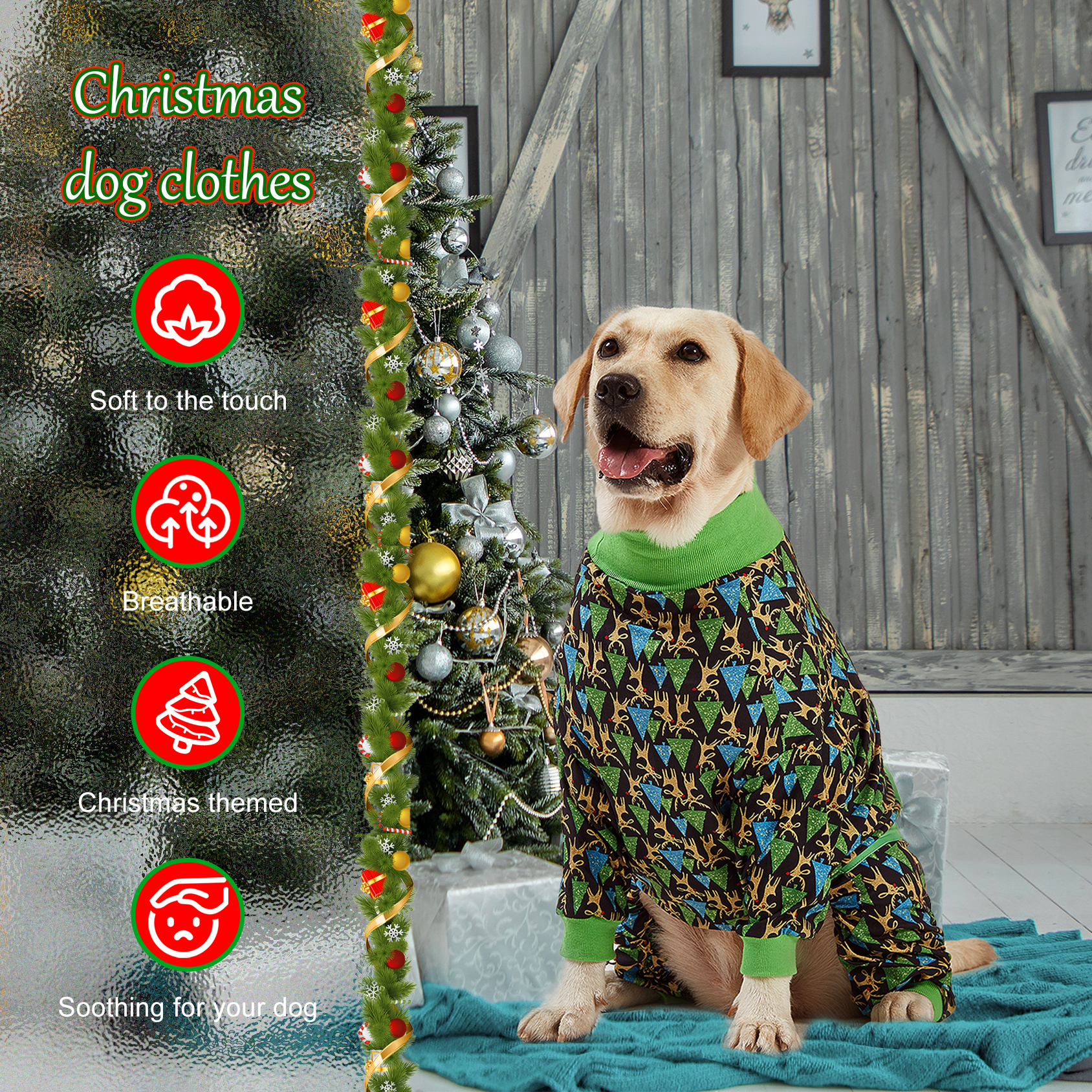 LovinPet Large Dog Pajamas Onesie - Green Christmas Tree Design for Big Breeds
