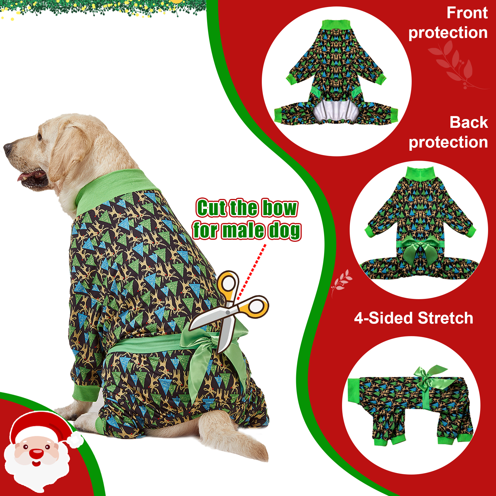 LovinPet Large Dog Pajamas Onesie - Green Christmas Tree Design for Big Breeds