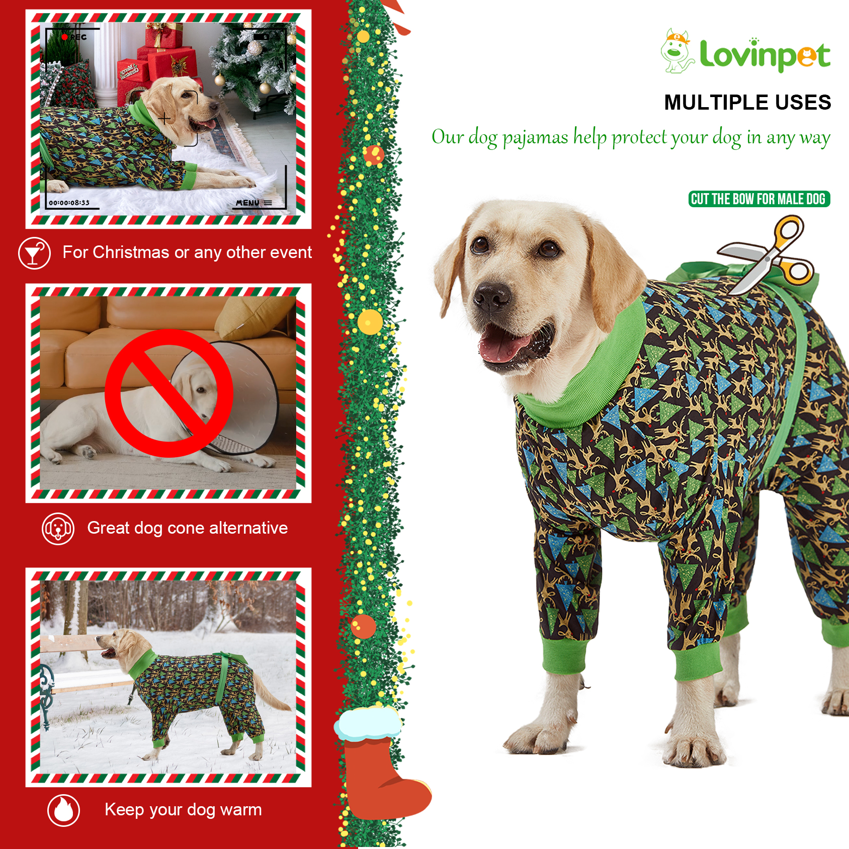 LovinPet Large Dog Pajamas Onesie - Green Christmas Tree Design for Big Breeds