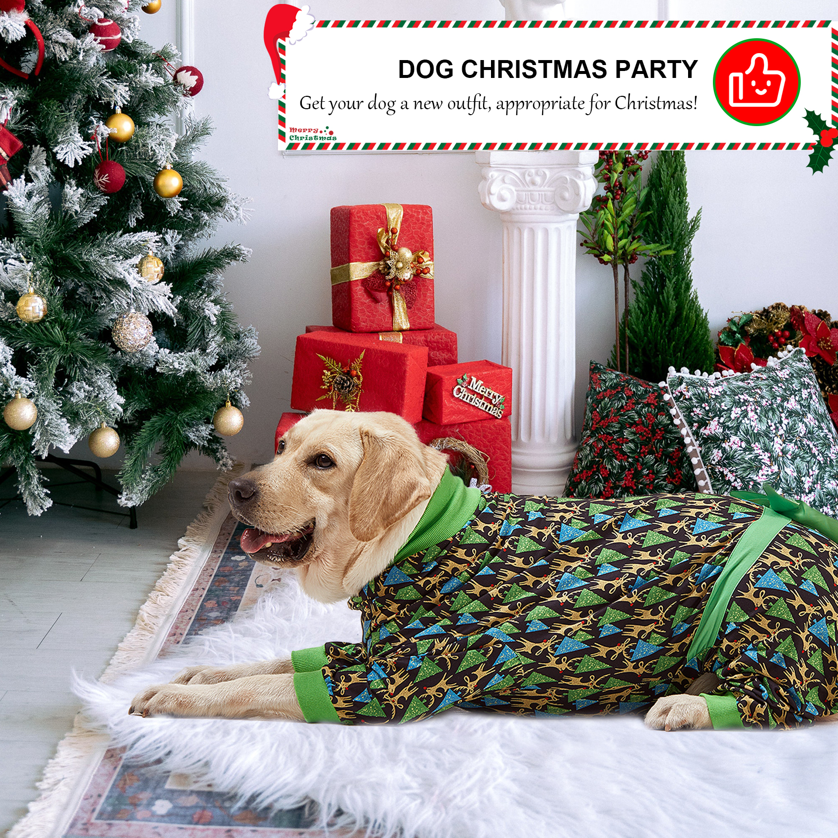 LovinPet Large Dog Pajamas Onesie - Green Christmas Tree Design for Big Breeds