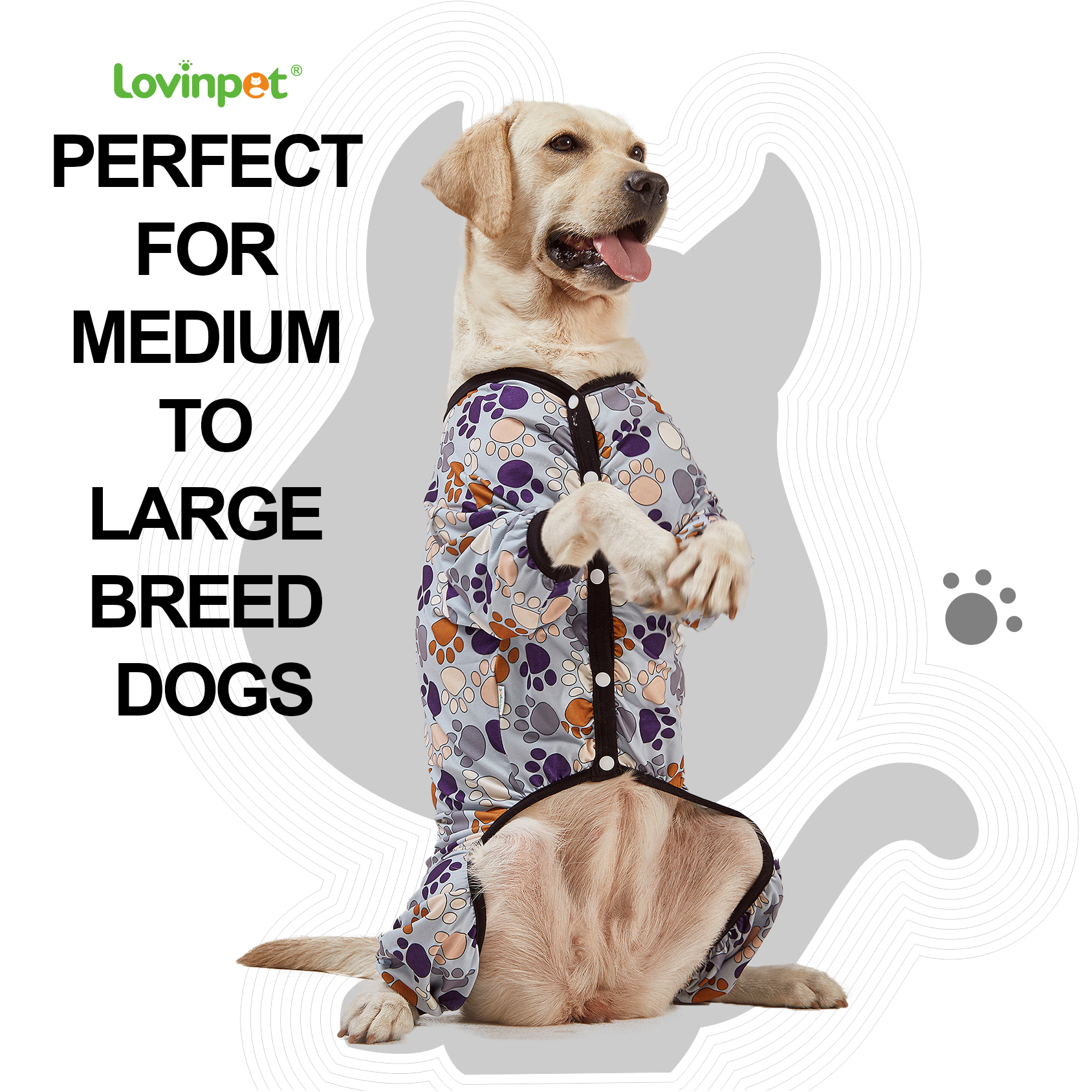 LovinPet Large Dog Pajama - Paw Print Design Full-Body Pajamas with Black Trim