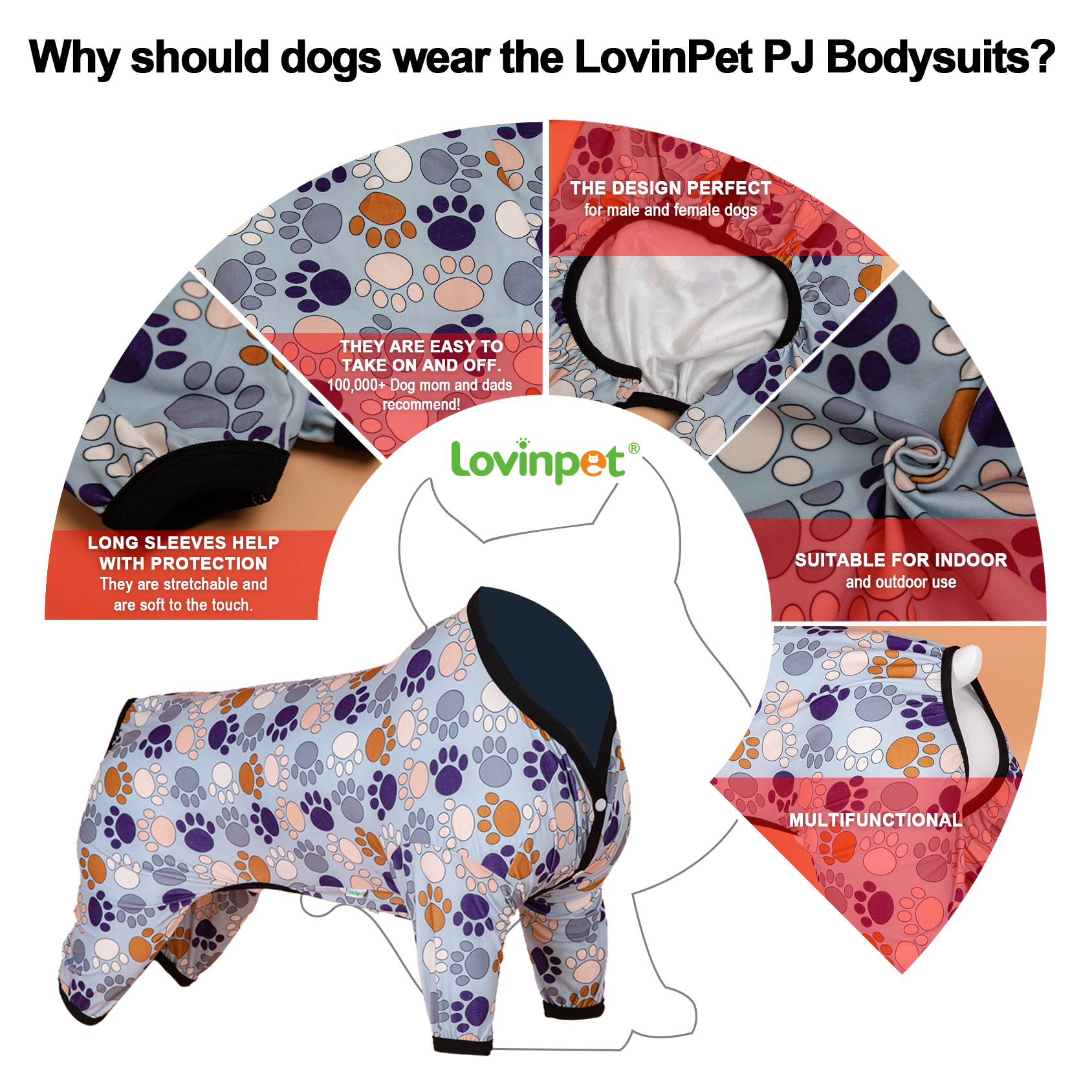 LovinPet Large Dog Pajama - Paw Print Design Full-Body Pajamas with Black Trim