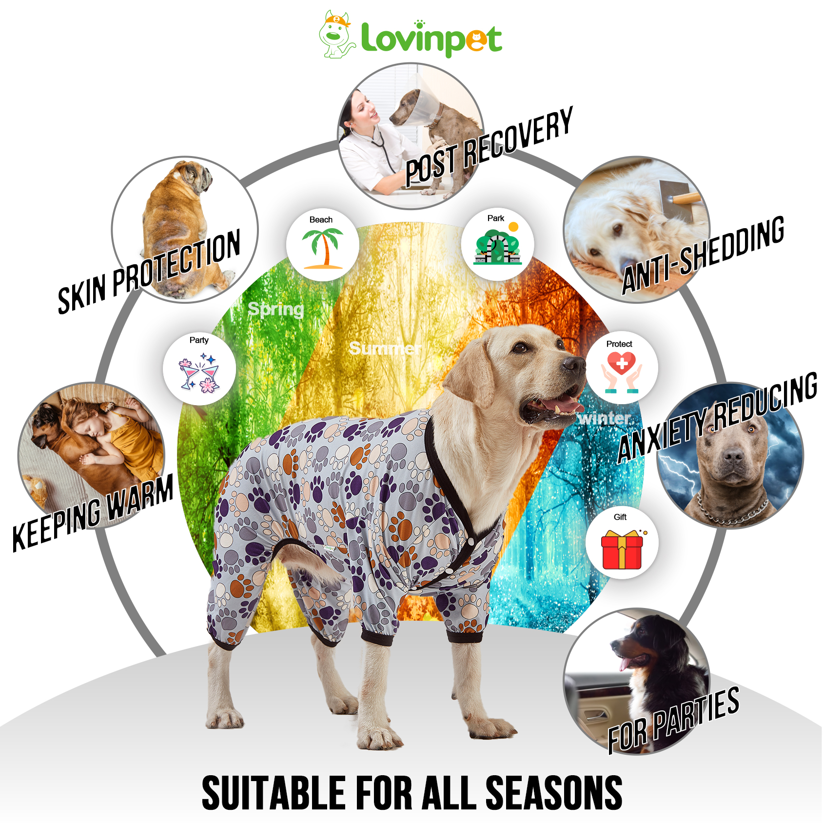 LovinPet Large Dog Pajama - Paw Print Design Full-Body Pajamas with Black Trim