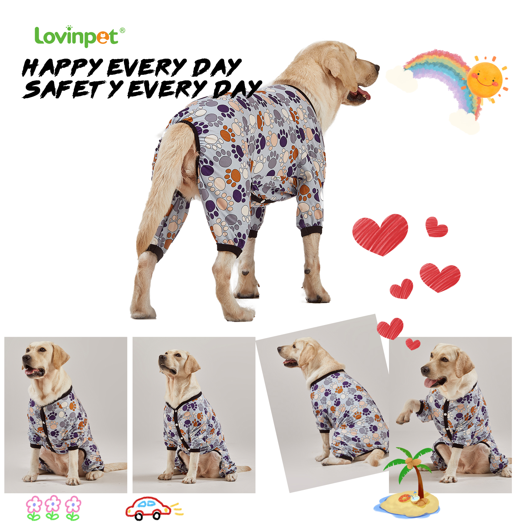 LovinPet Large Dog Pajama - Paw Print Design Full-Body Pajamas with Black Trim