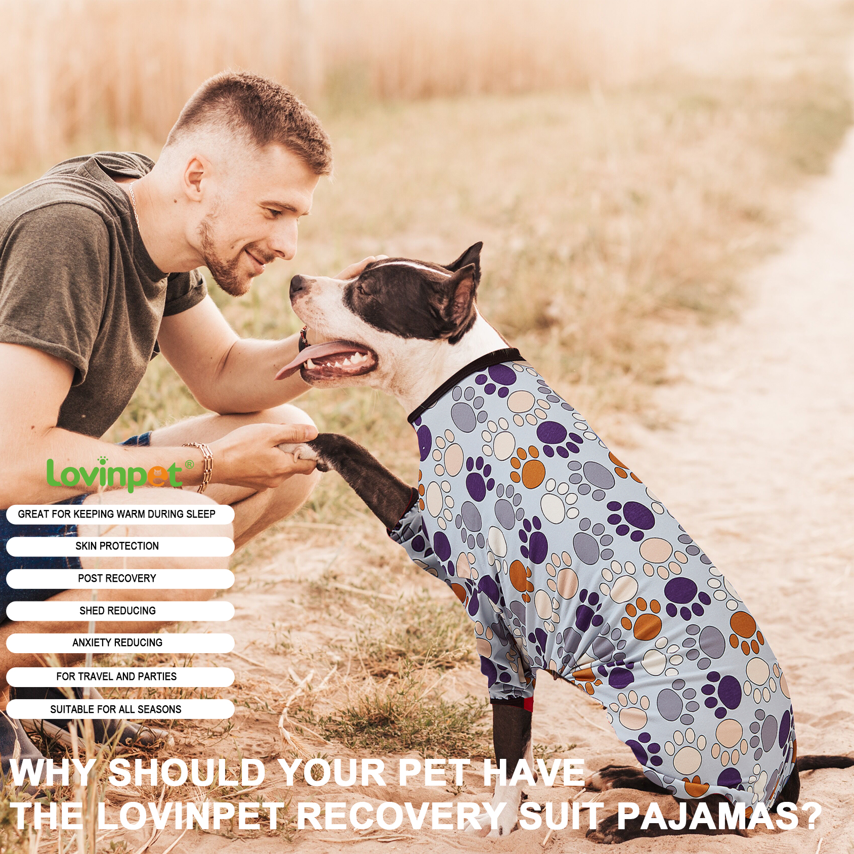 LovinPet Large Dog Pajama - Paw Print Design Full-Body Pajamas with Black Trim