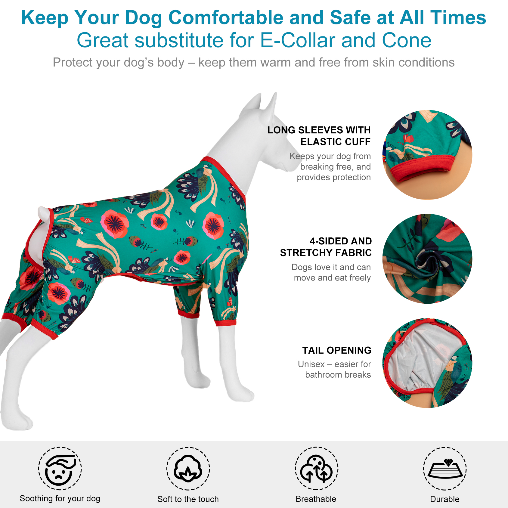 LovinPet Large Dog Pajama - Vibrant Peacock Print Pajamas for Large Dogs