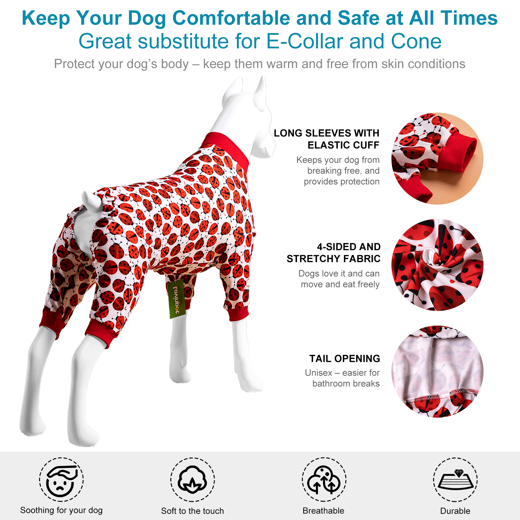 LovinPet Large Dog Pajamas Onesie - Playful Ladybug Design with Red Trim