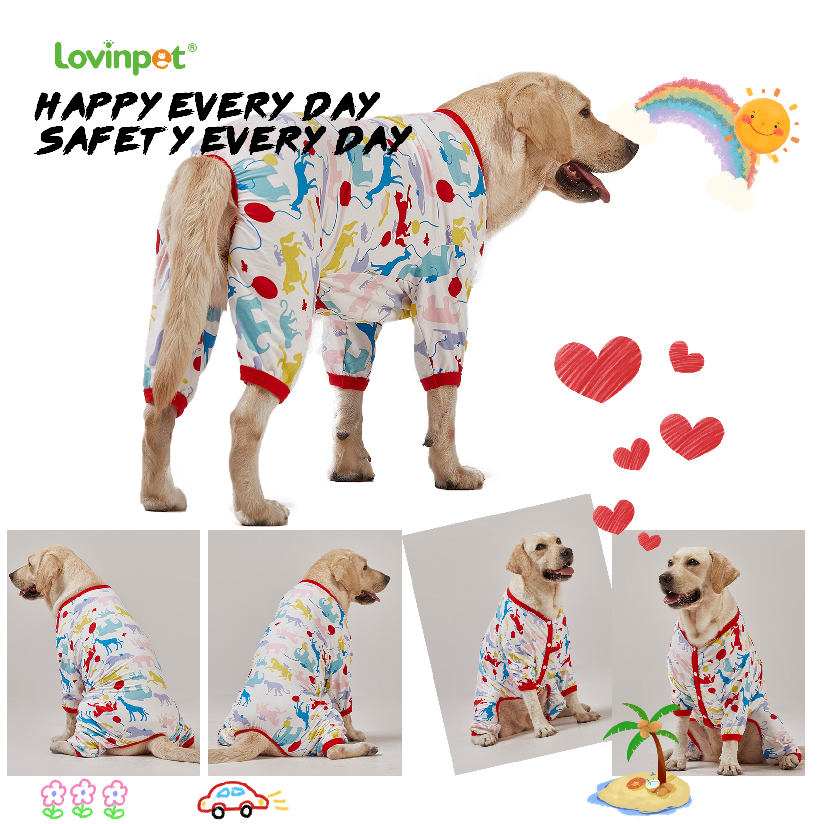 LovinPet Large Dog Pajamas Onesie - Playful Deer and Lion Design for Big Breeds