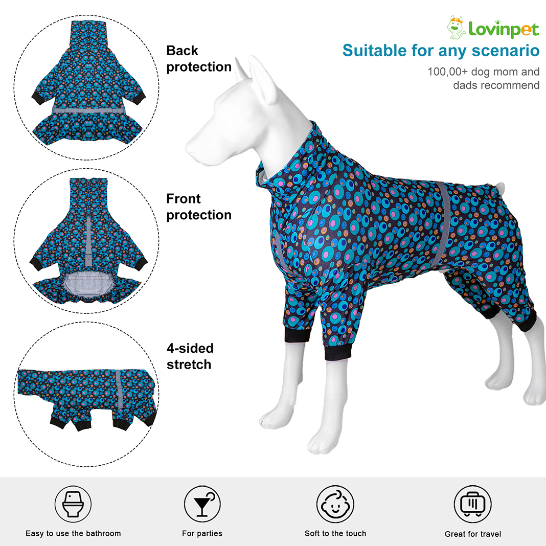 LovinPet Large Dog Pajama - Retro Dot Design Pajamas with Hood and Reflective Strips for Large Dogs