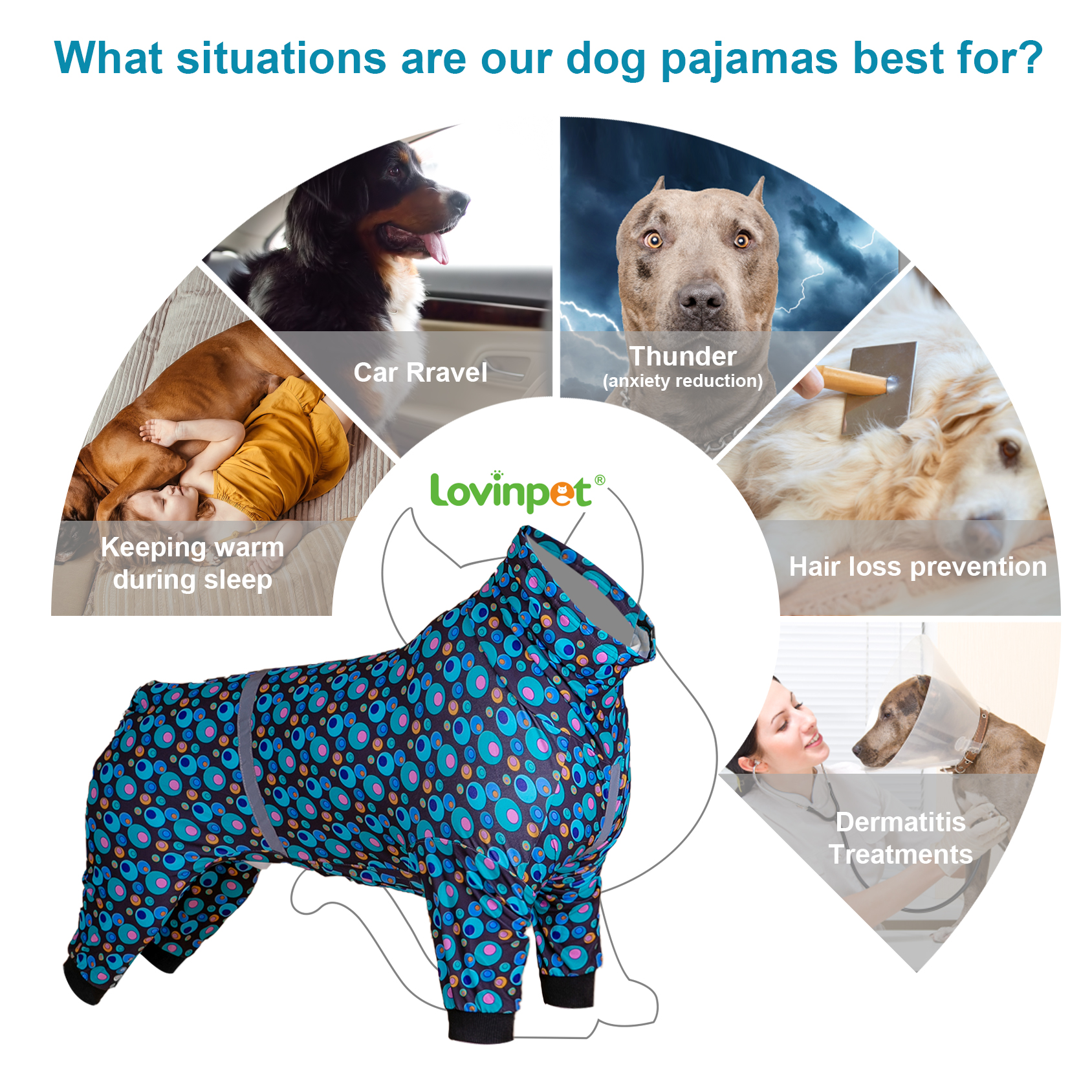 LovinPet Large Dog Pajama - Retro Dot Design Pajamas with Hood and Reflective Strips for Large Dogs