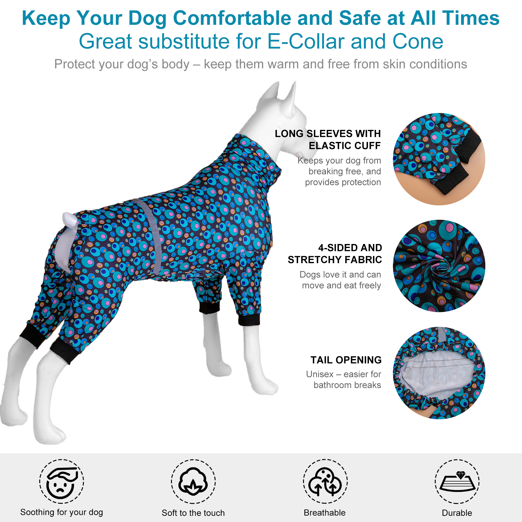 LovinPet Large Dog Pajama - Retro Dot Design Pajamas with Hood and Reflective Strips for Large Dogs