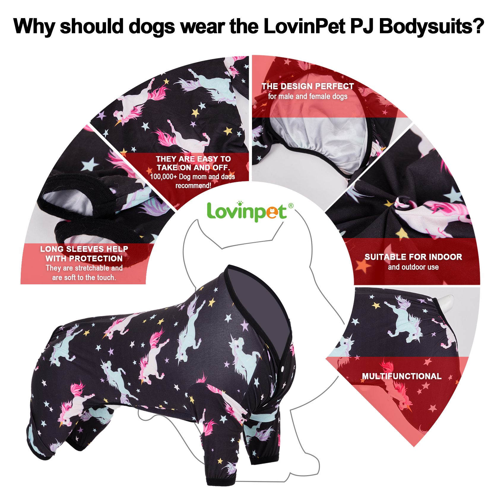 LovinPet Big Dog Knee Surgery Onesie Pajama - Black Pink Unicorn