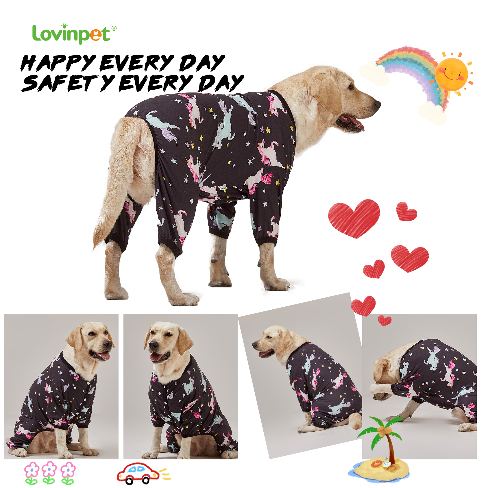 LovinPet Big Dog Knee Surgery Onesie Pajama - Black Pink Unicorn