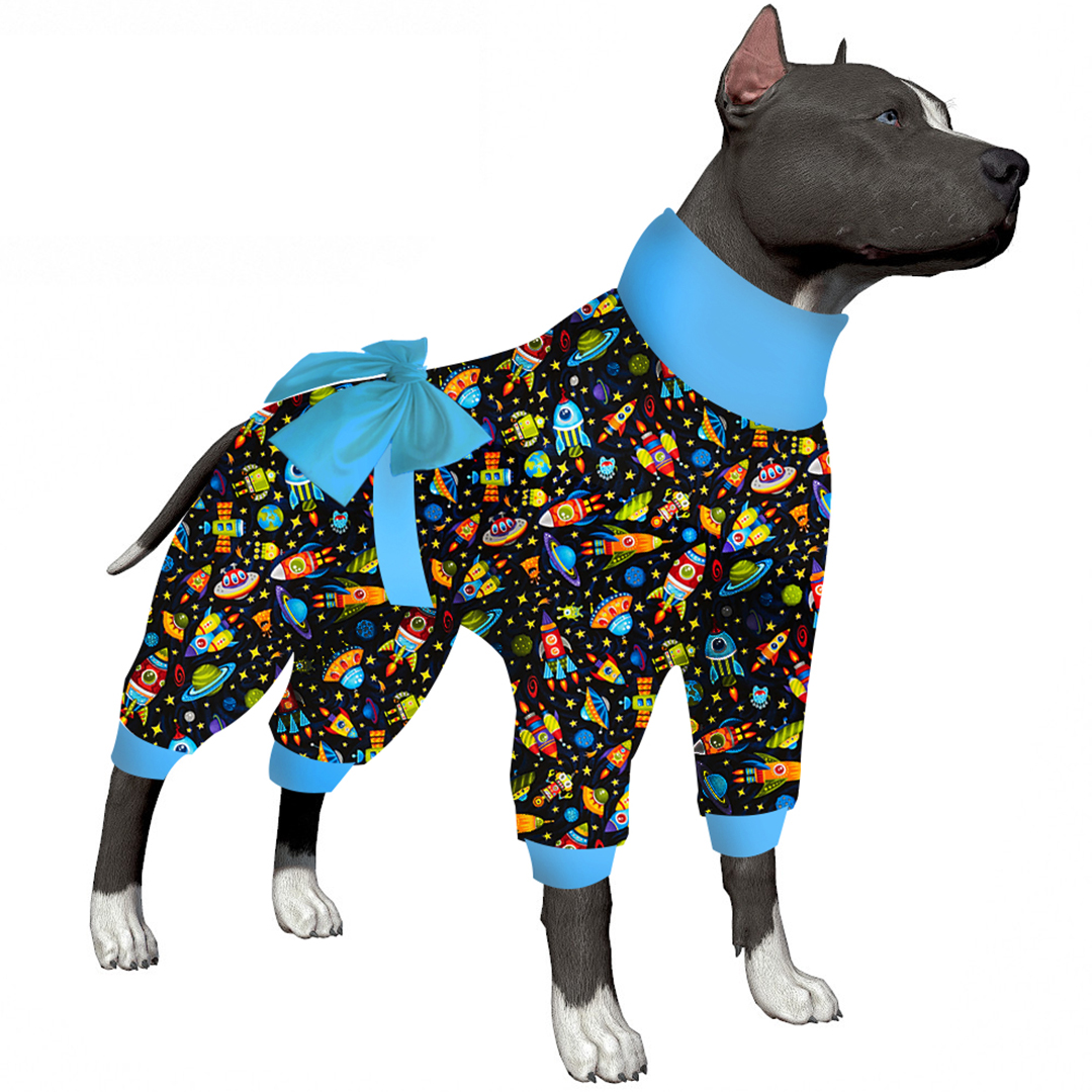 LovinPet Large Dog Pajamas Onesie with Bowtie - Space-Themed Sleepwear for Big Dogs