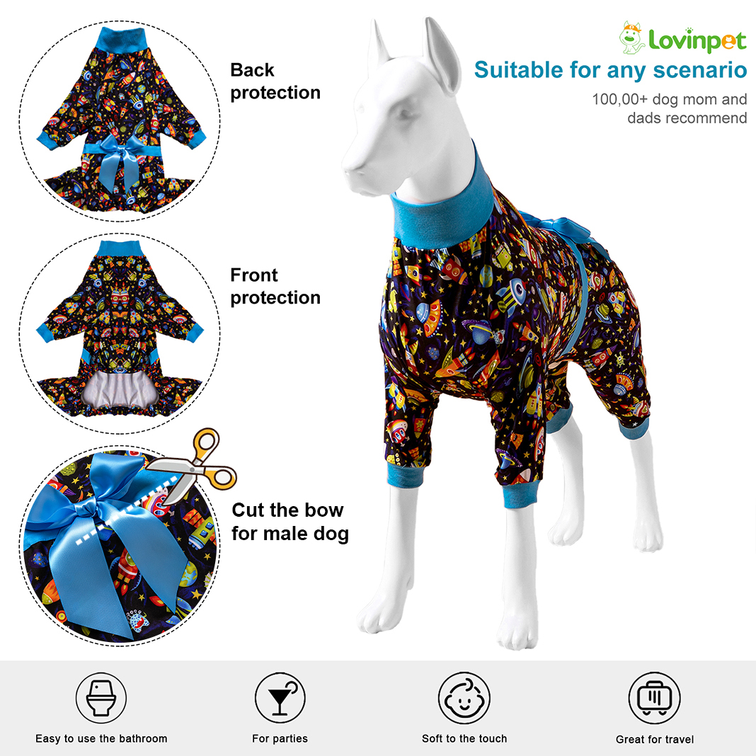 LovinPet Large Dog Pajamas Onesie with Bowtie - Space-Themed Sleepwear for Big Dogs