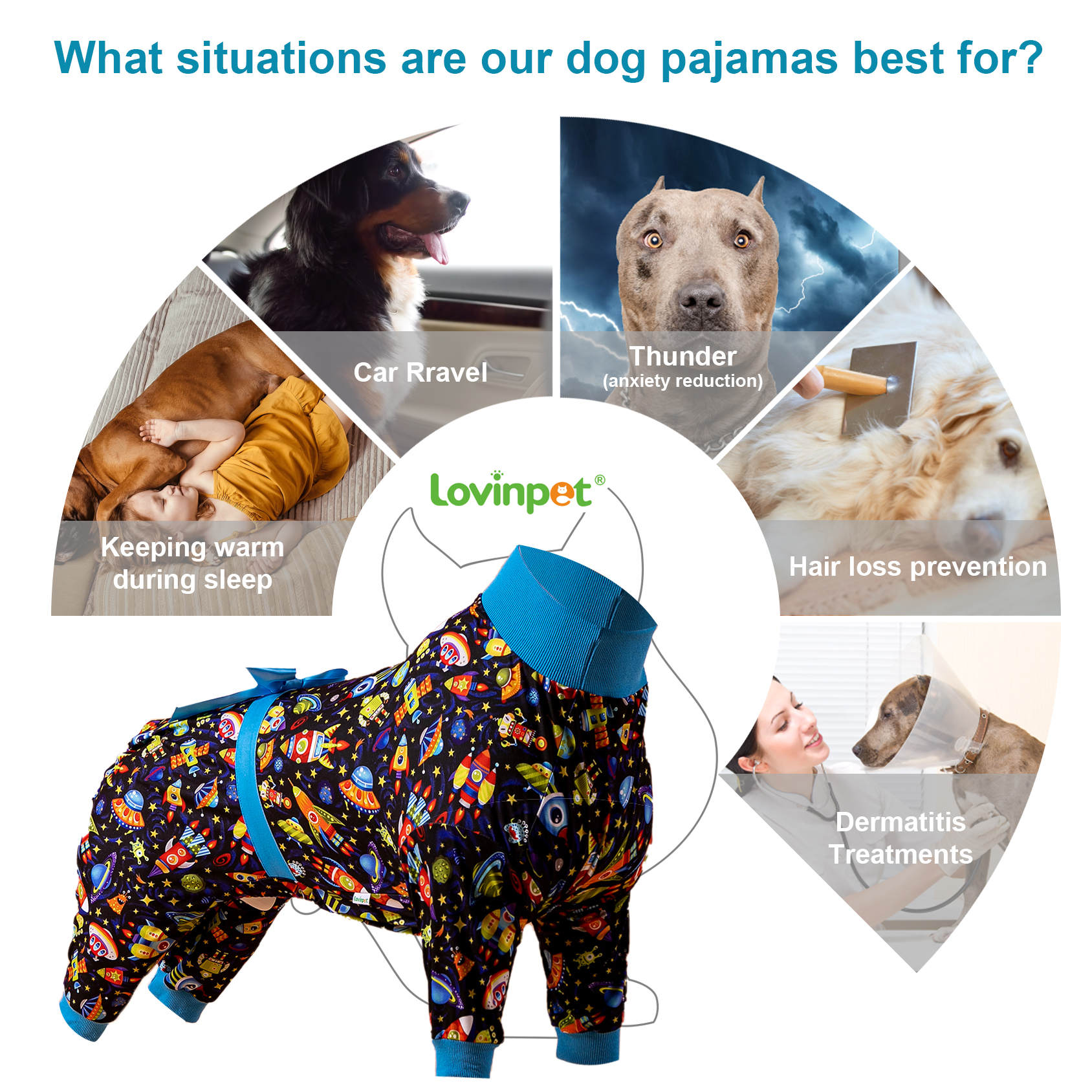 LovinPet Large Dog Pajamas Onesie with Bowtie - Space-Themed Sleepwear for Big Dogs