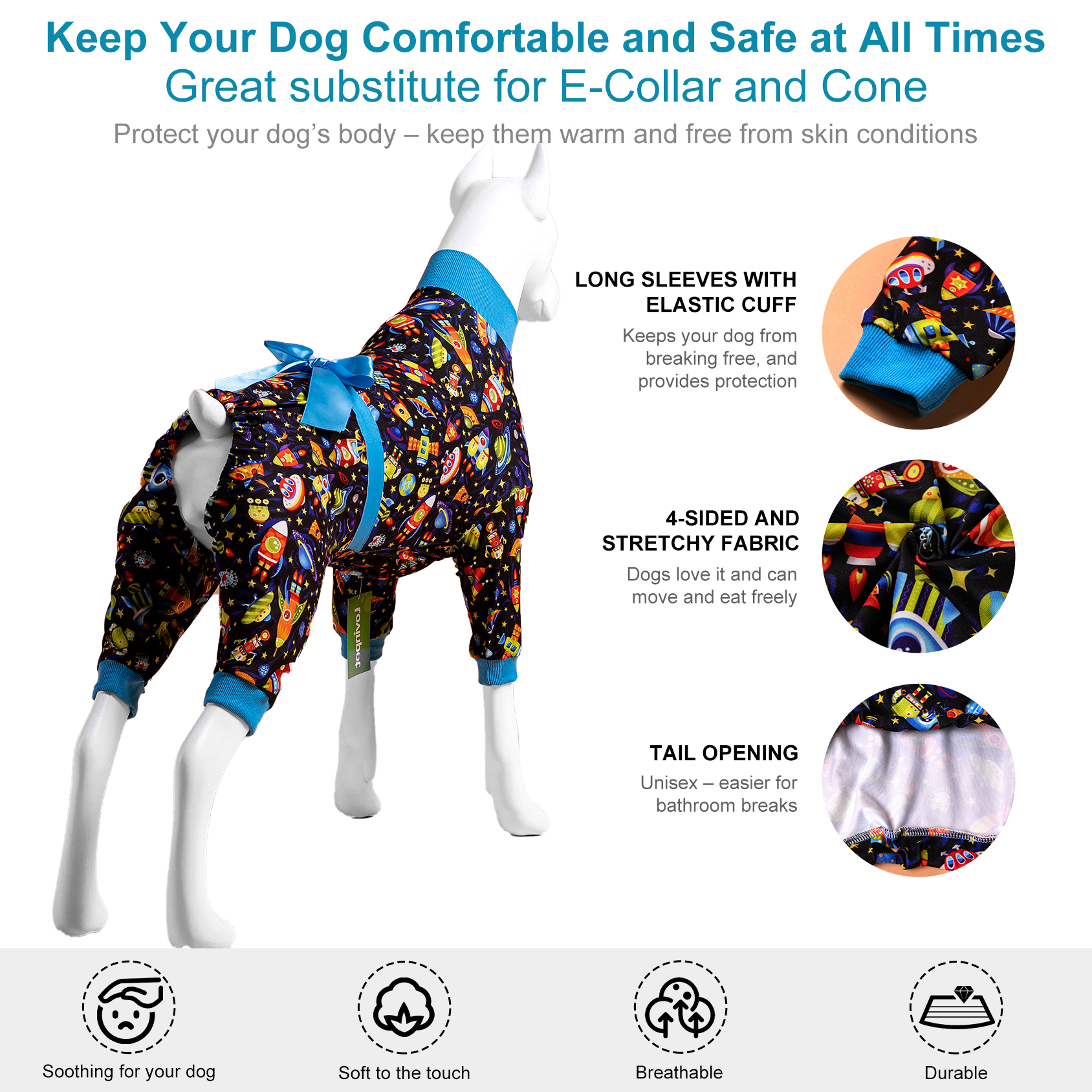 LovinPet Large Dog Pajamas Onesie with Bowtie - Space-Themed Sleepwear for Big Dogs
