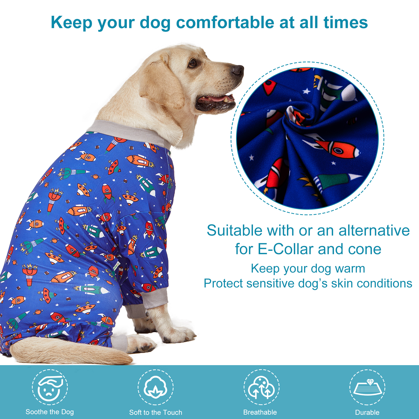 LovinPet Large Dog Pajama - Space Adventure with Rockets and Stars