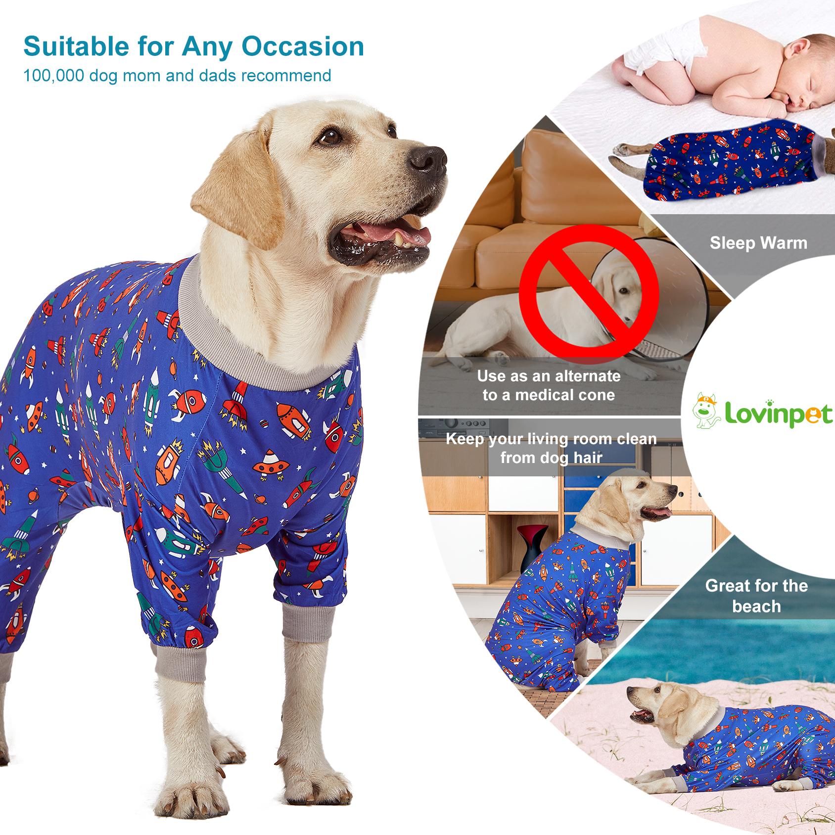 LovinPet Large Dog Pajama - Space Adventure with Rockets and Stars