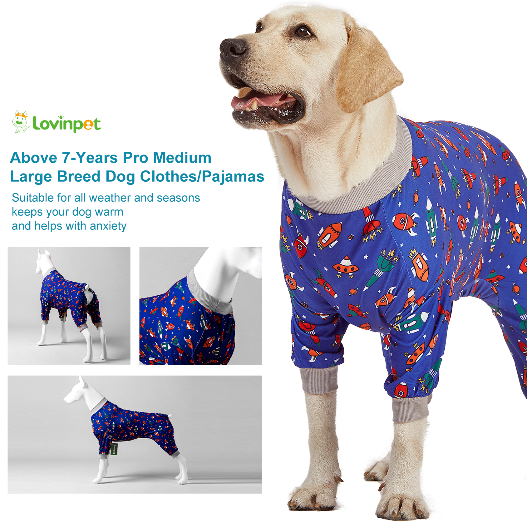 LovinPet Large Dog Pajama - Space Adventure with Rockets and Stars