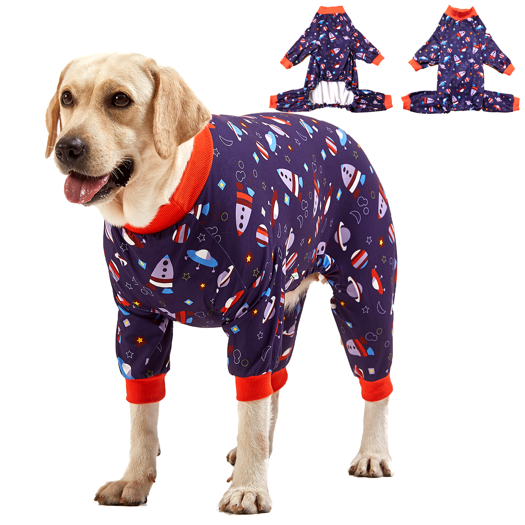 LovinPet Large Dog Pajamas Onesie - Space-Themed Dog Pajama with Rockets and Planets for Large Breeds
