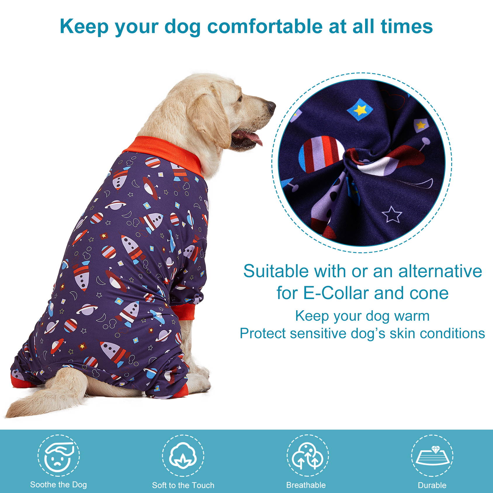 LovinPet Large Dog Pajamas Onesie - Space-Themed Dog Pajama with Rockets and Planets for Large Breeds