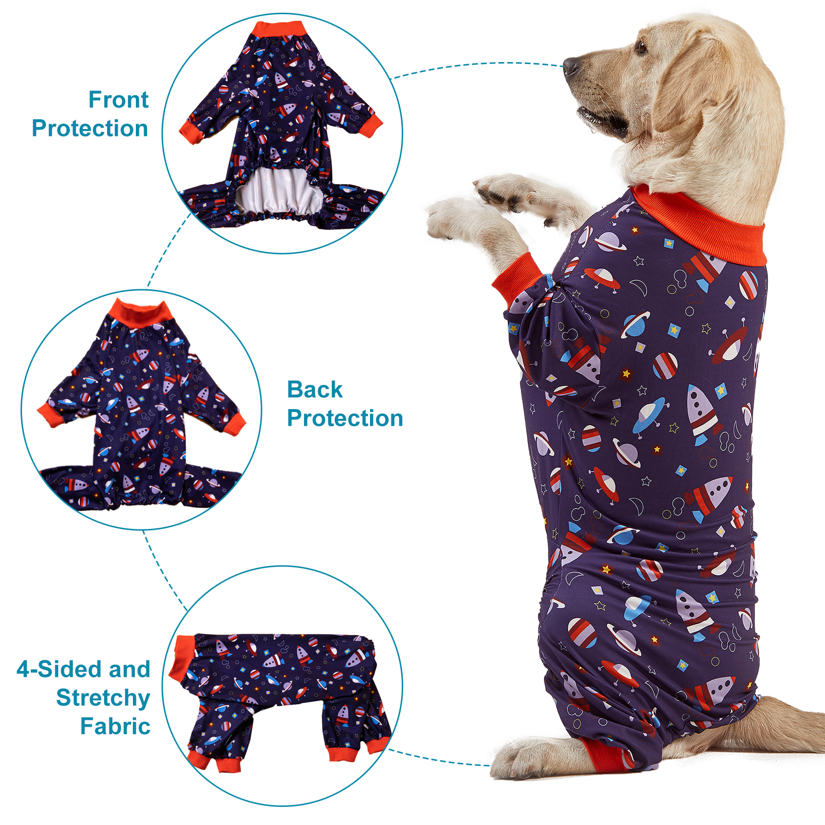 LovinPet Large Dog Pajamas Onesie - Space-Themed Dog Pajama with Rockets and Planets for Large Breeds
