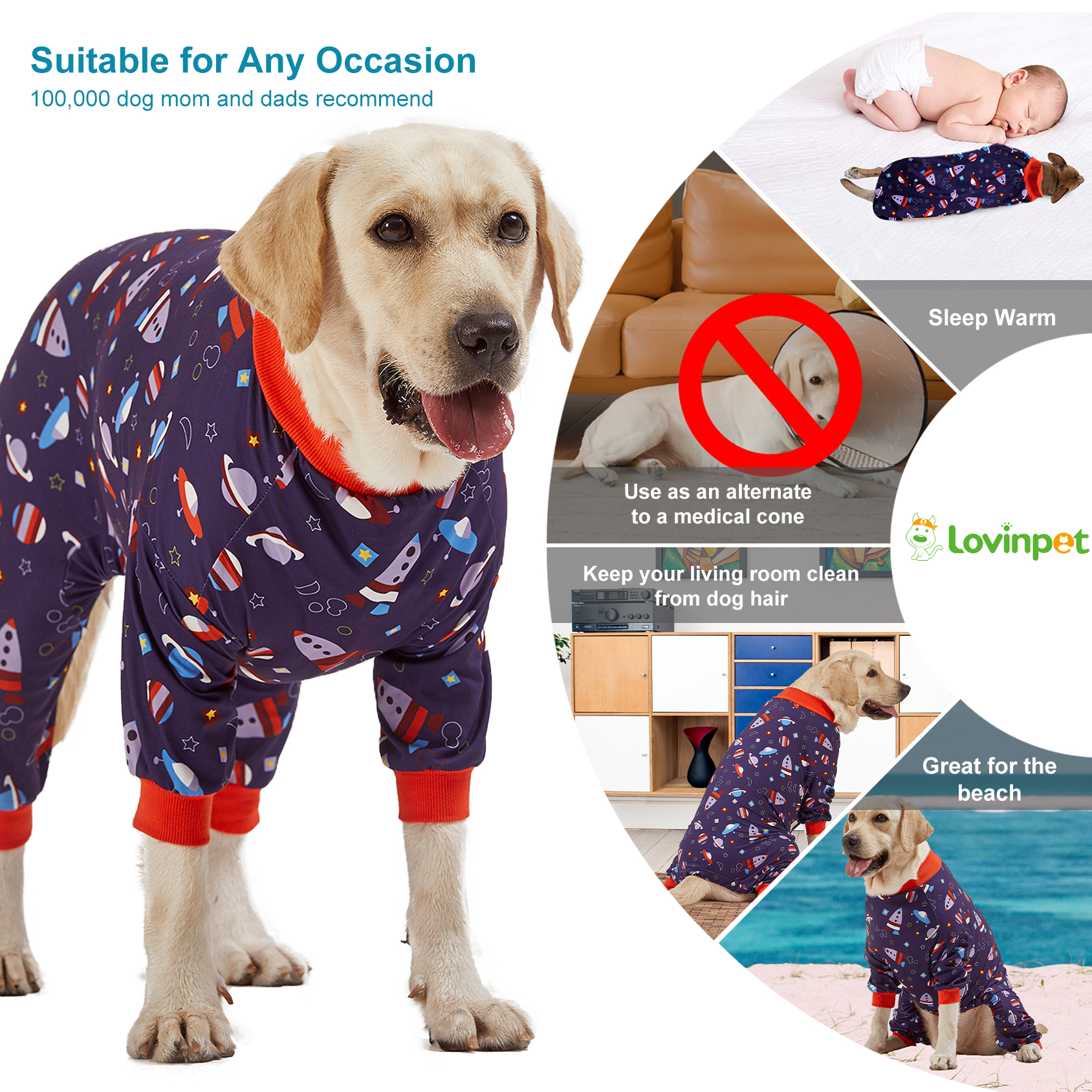 LovinPet Large Dog Pajamas Onesie - Space-Themed Dog Pajama with Rockets and Planets for Large Breeds