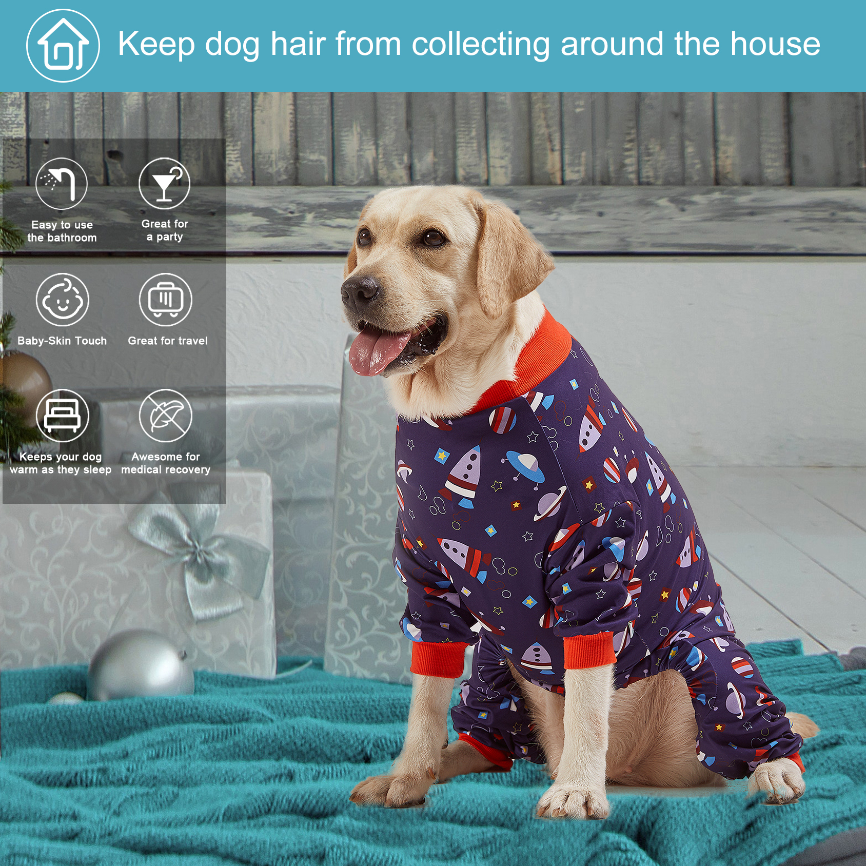 LovinPet Large Dog Pajamas Onesie - Space-Themed Dog Pajama with Rockets and Planets for Large Breeds